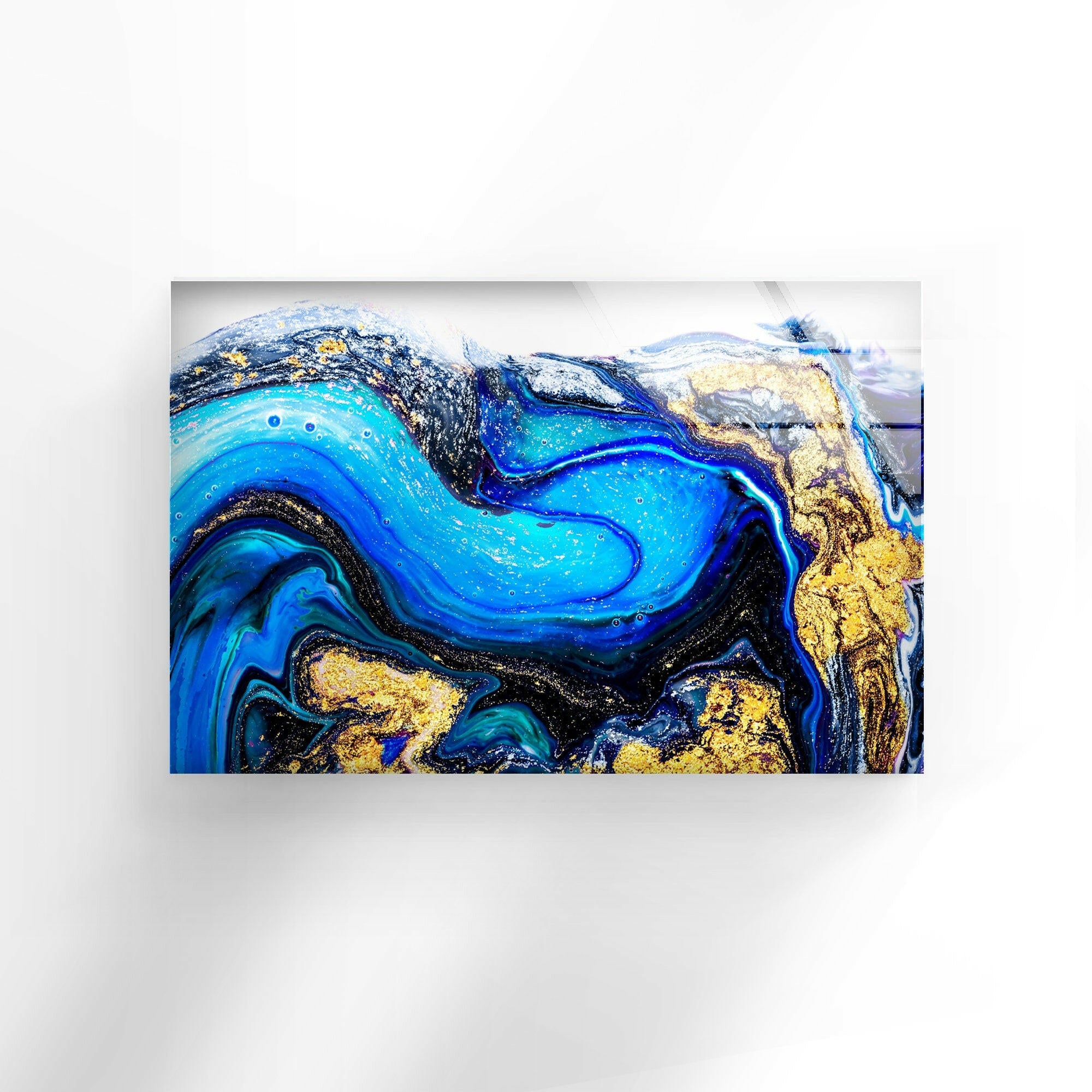 Blue Gold Marble Abstract Glass Wall Art - Modern Home Decor for Living Room, Bedroom & Office - Elegant Handmade Glass Panel for Contemporary Interior Design