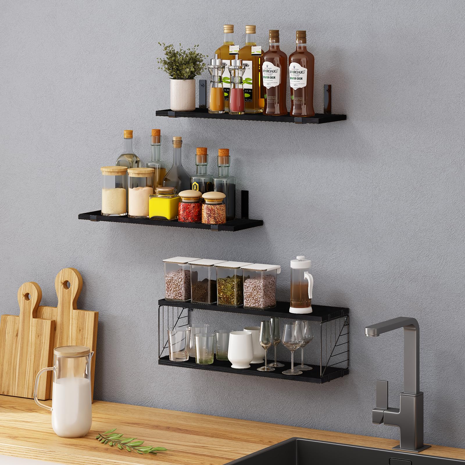 Fixwal 3-Tier Floating Bathroom Shelves Over Toilet - 15.8 Inch Rustic Farmhouse Wood Wall Shelves for Bathroom Storage - Space-Saving Decor for Living Room, Bedroom & Kitchen (Black) - Perfect for Organizing Toiletries, Towels and Decorative Items