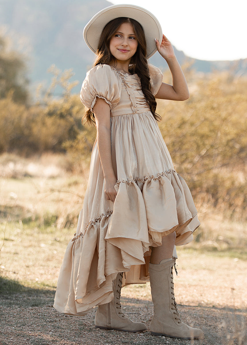Mathilda Petticoat Dress - Champagne Iridescent Tulle Skirt for Women | Elegant Tea Party, Wedding Guest & Special Occasion Outfit