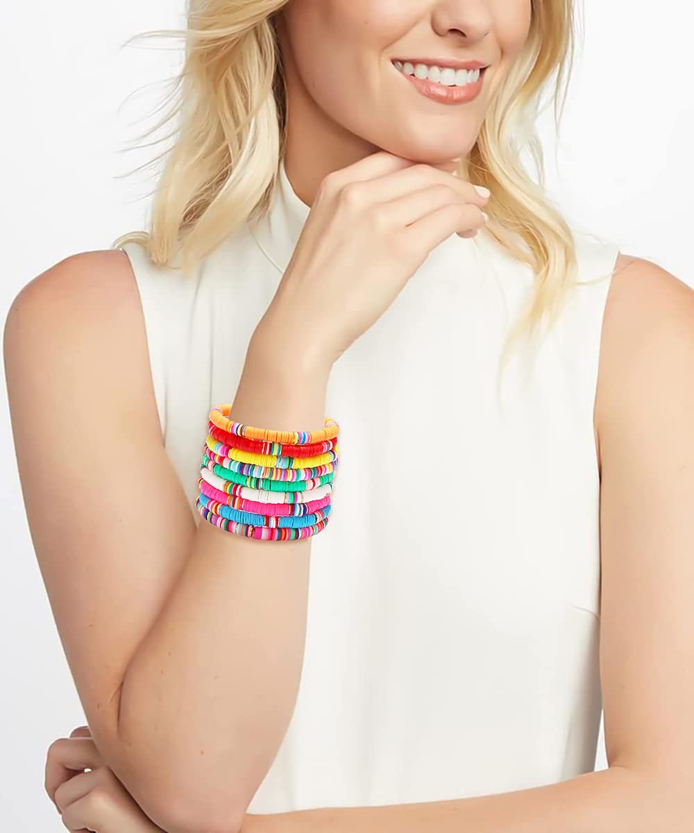 Surfer Heishi Bracelets for Women - Stackable Rainbow Vinyl Disc Clay Beaded Stretch Bracelets - Elastic Layering Friendship Jewelry - Boho Summer Beach Accessories - Perfect for Surfing, Music Festivals, and Vacation Outfits