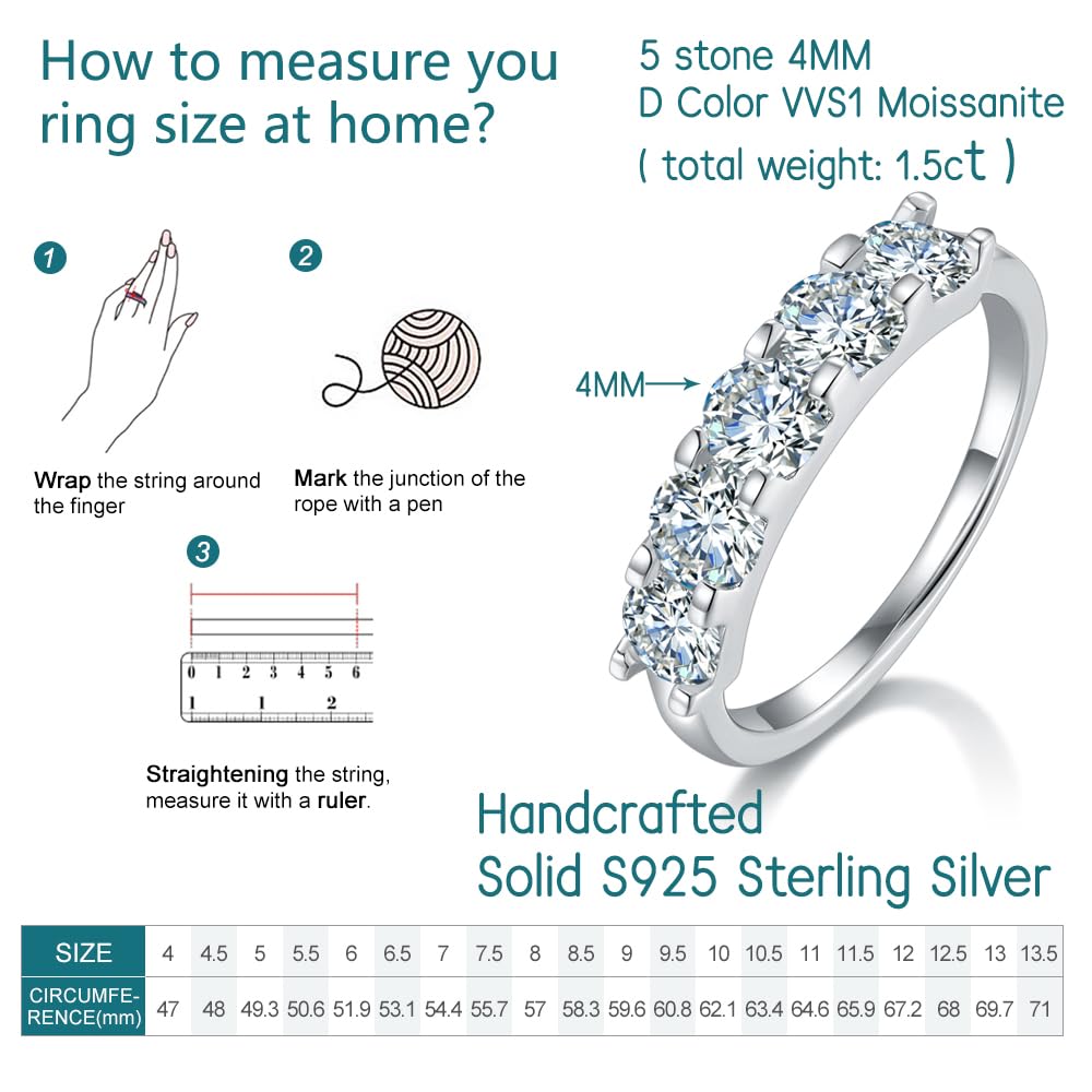 TopFook 1.5 Carat Moissanite Engagement Ring for Women - 925 Sterling Silver 5 Stone 4mm D Color VVS Lab Created Diamond Promise Ring - Perfect for Proposals, Anniversaries & Special Occasions