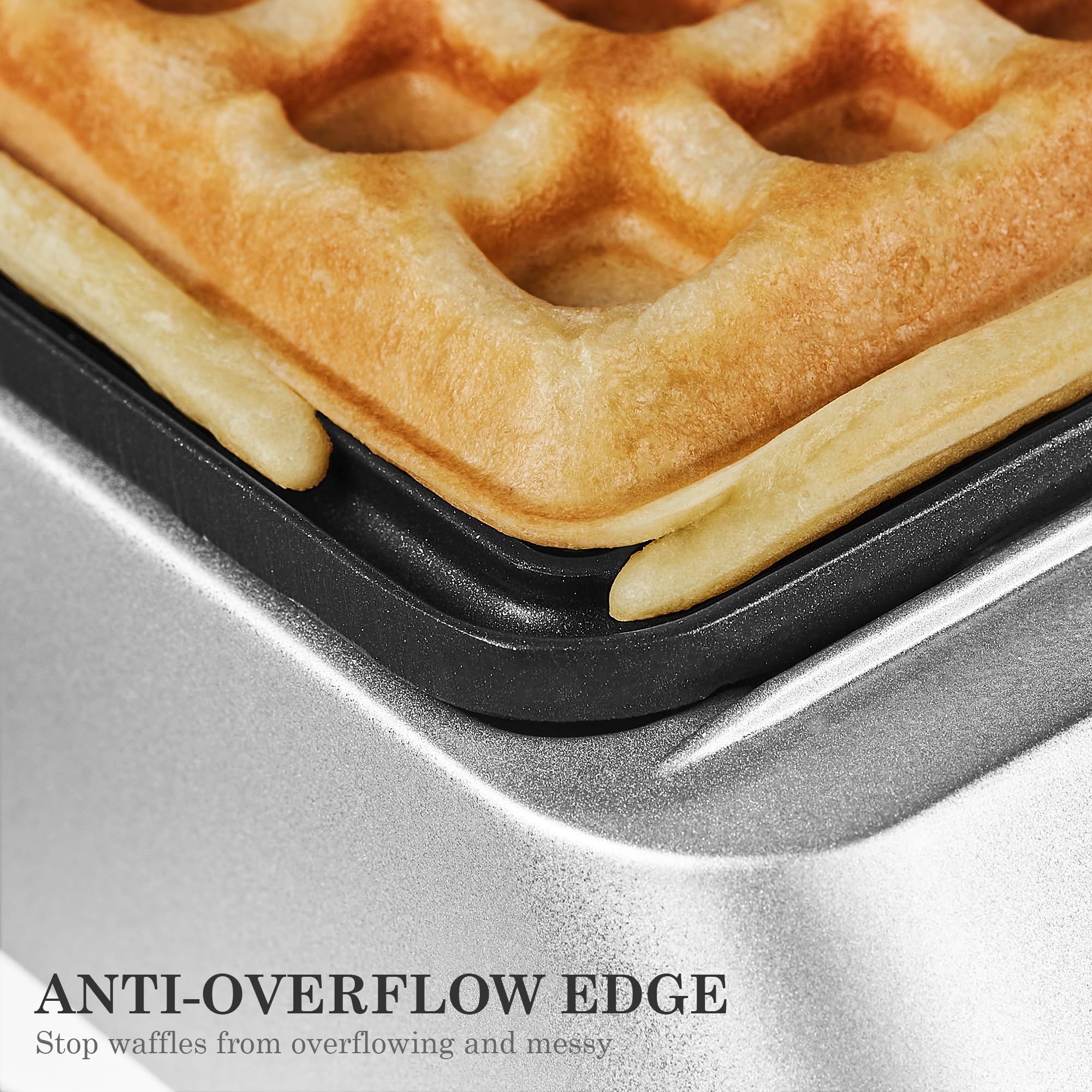 Roter Mond Belgian Waffle Maker - 4 Slice Stainless Steel Waffle Iron with Non-Stick Surface, 1300W, Silver | Perfect for Family Breakfast, Easy to Clean & Space-Saving Storage | Ideal for Home, Brunch Parties & Holiday Gatherings