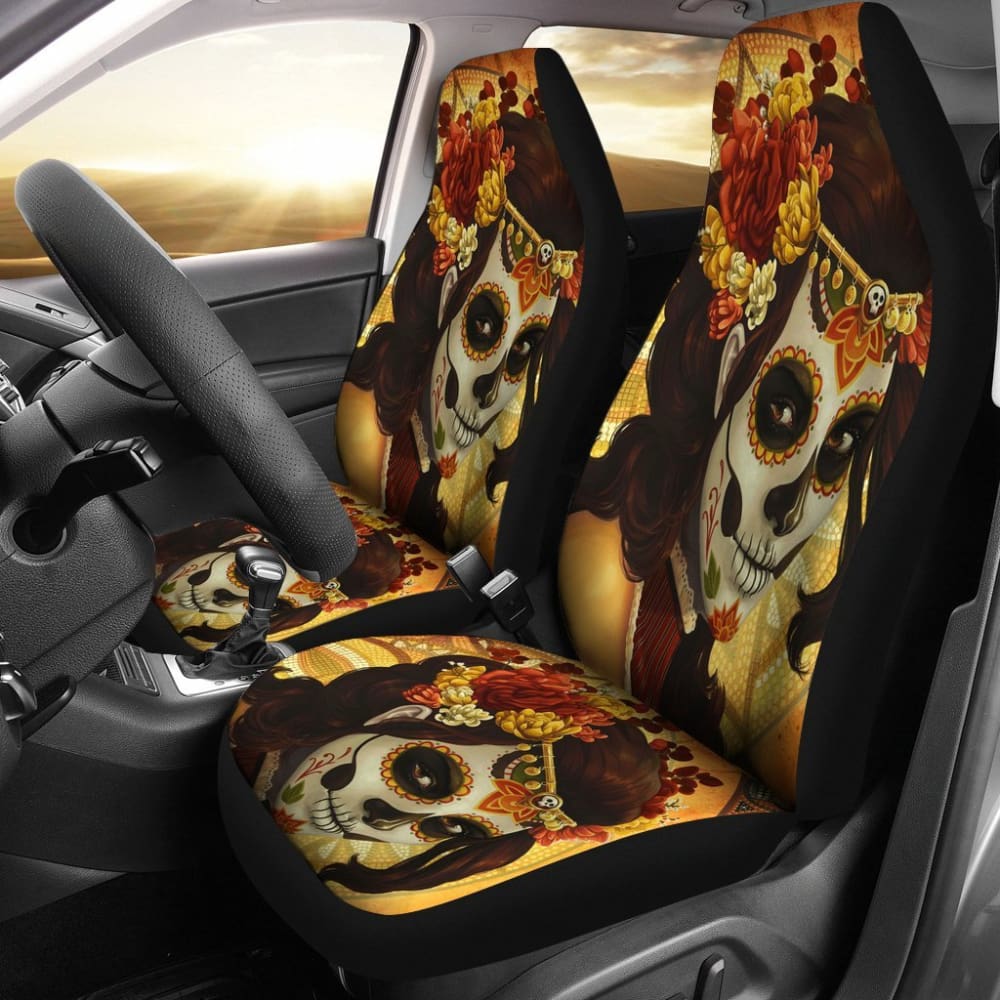 2 Pcs Sugar Skull Day of the Dead Car Seat Covers - Mexican Style Floral Print Auto Accessories for Halloween, Dia de los Muertos Decor & Car Interior Protection