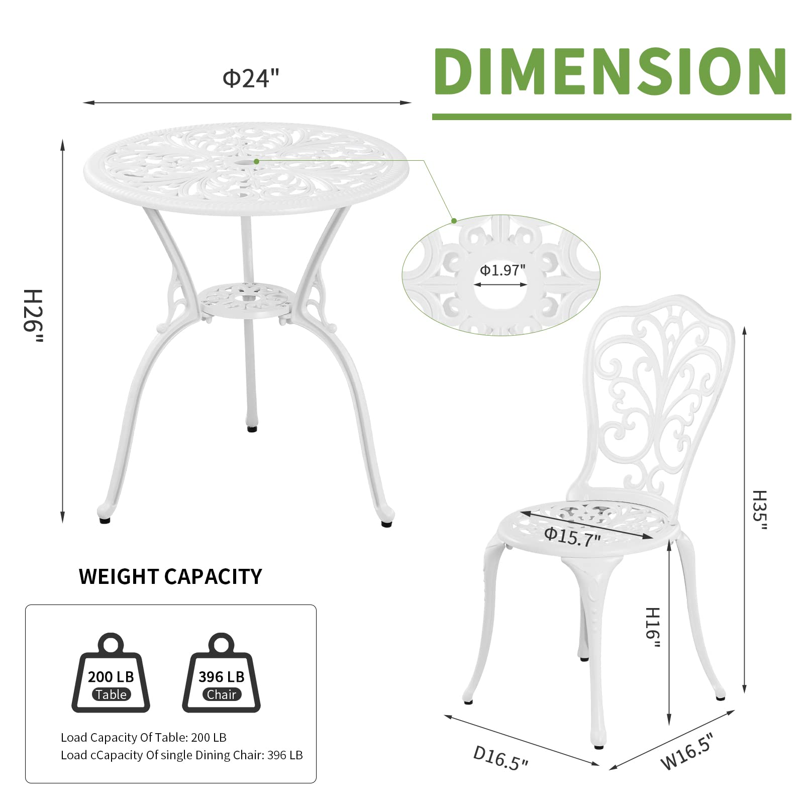 3-Piece Outdoor Patio Set - All-Weather Cast Aluminum Bistro Table & 2 Chairs with 1.97