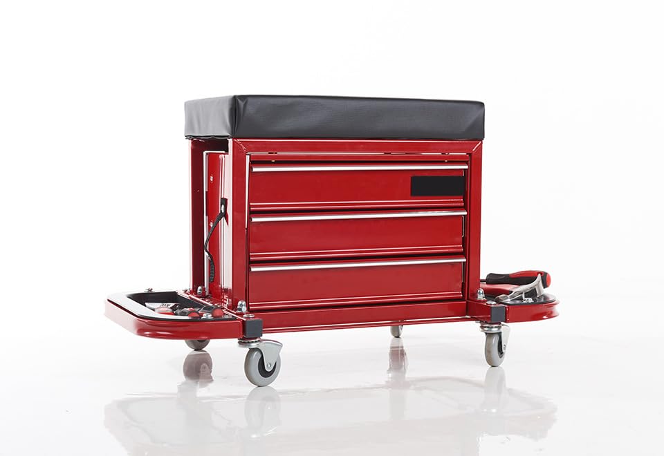 Sharper Image Rolling Toolbox Stool - Portable 3-in-1 Workbench Seat with Wheels & Storage for Garage, Workshop, DIY Projects | Heavy Duty Mobile Tool Stool for Mechanics, Carpenters, Home Improvement