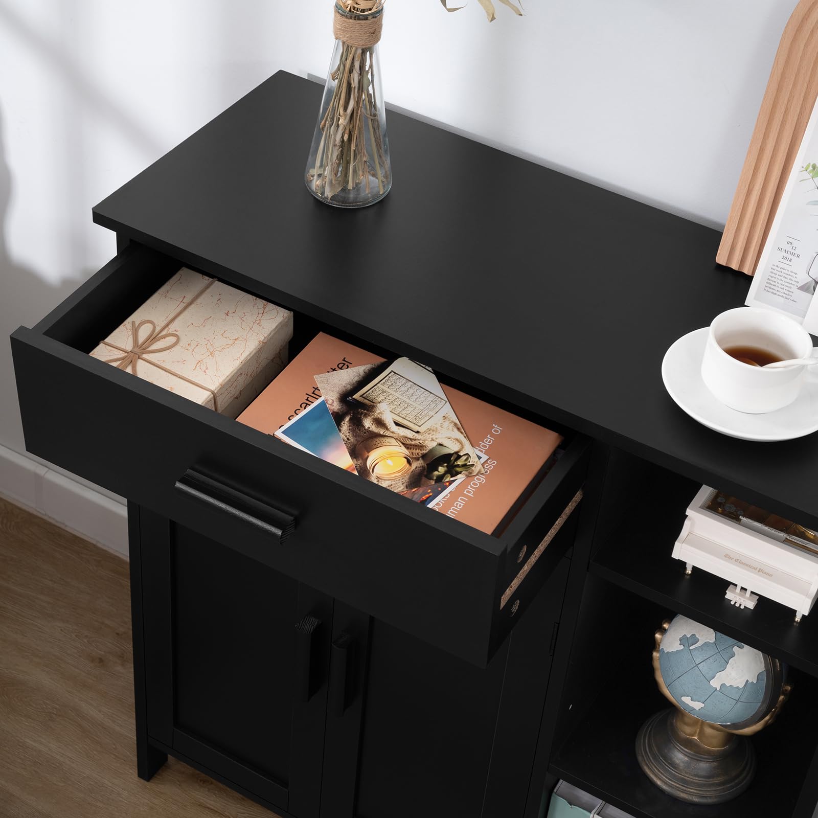 WEENFON Freestanding Storage Cabinet with Doors, Drawers & Shelves - Bathroom Organizer, Coffee Bar Cabinet for Living Room - Black (Perfect for Small Spaces & Home Organization)