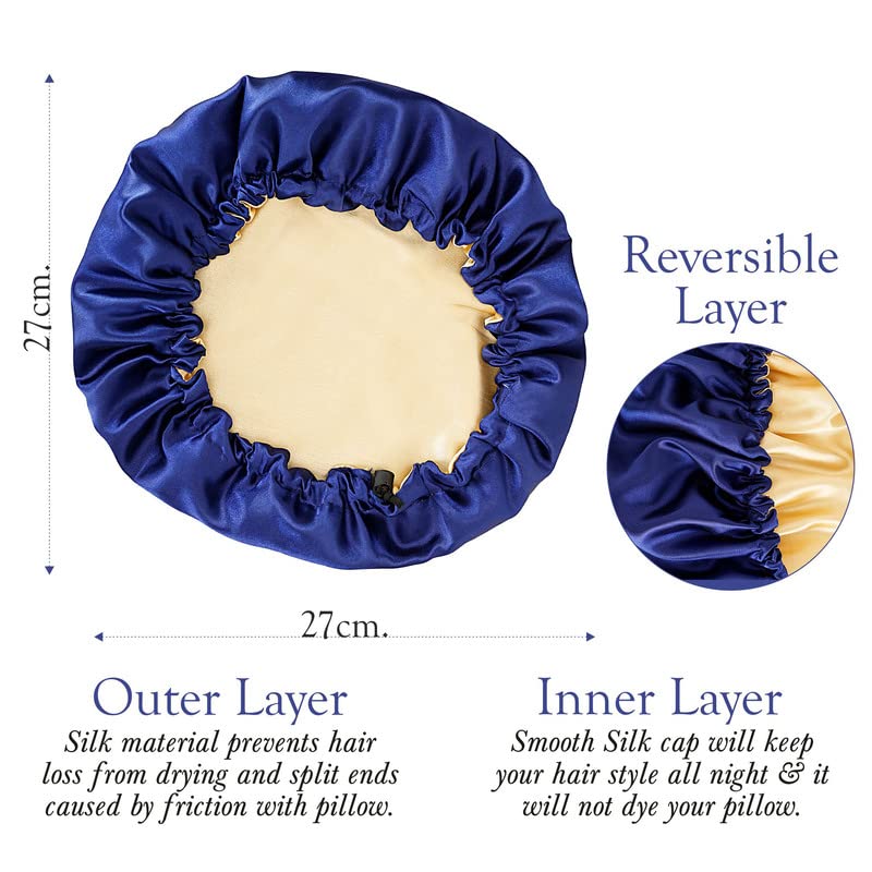 Reversible Satin Bonnet for Women - Adjustable Sleep Cap for Hair Protection & Comfort - Old Tree Design (Blue & Gold) - Perfect for Nighttime Hair Care & Travel Accessories