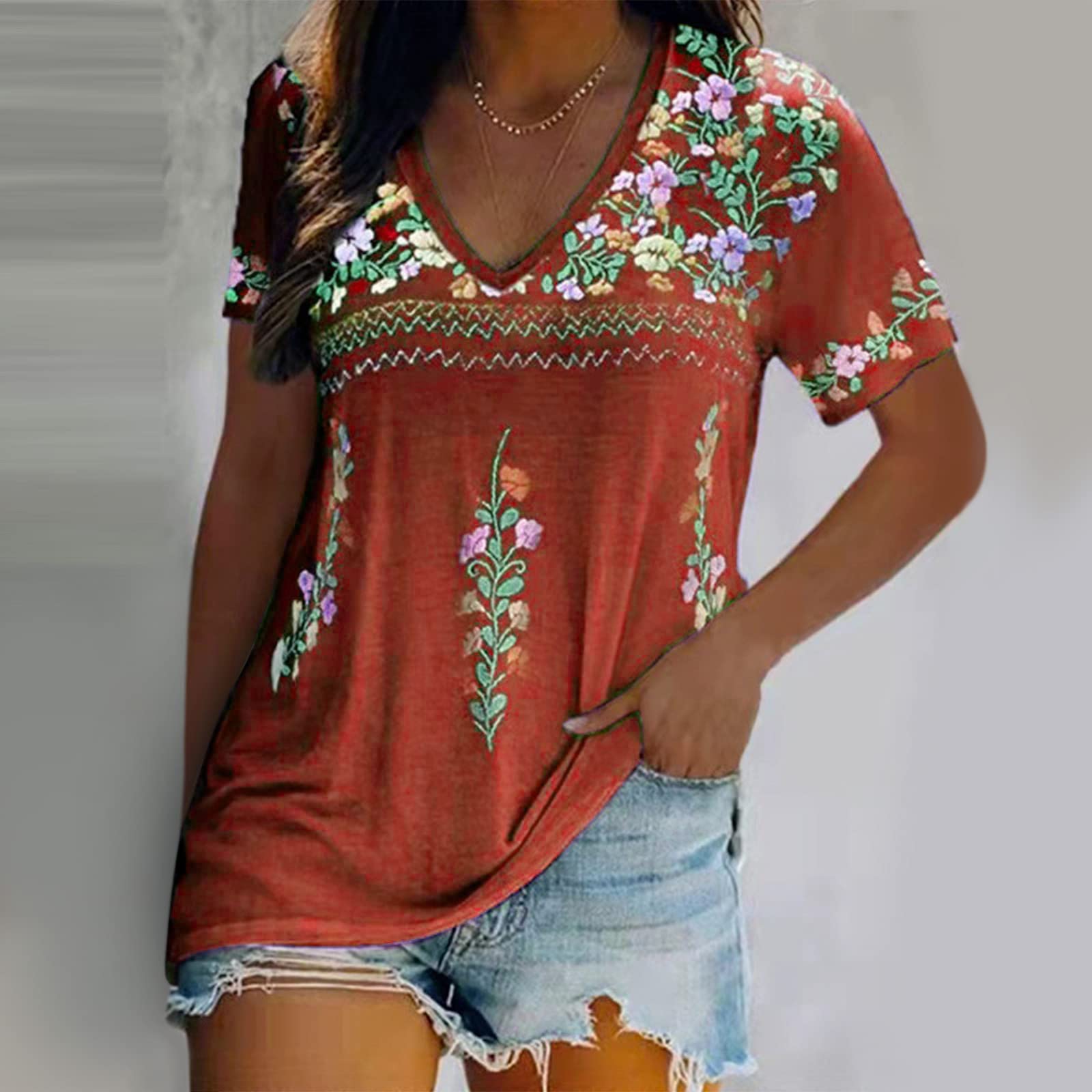 Women's Casual Ethnic Print Short Sleeve V-Neck Blouse - Boho Chic Tunic Top for Summer, Beach, and Everyday Wear
