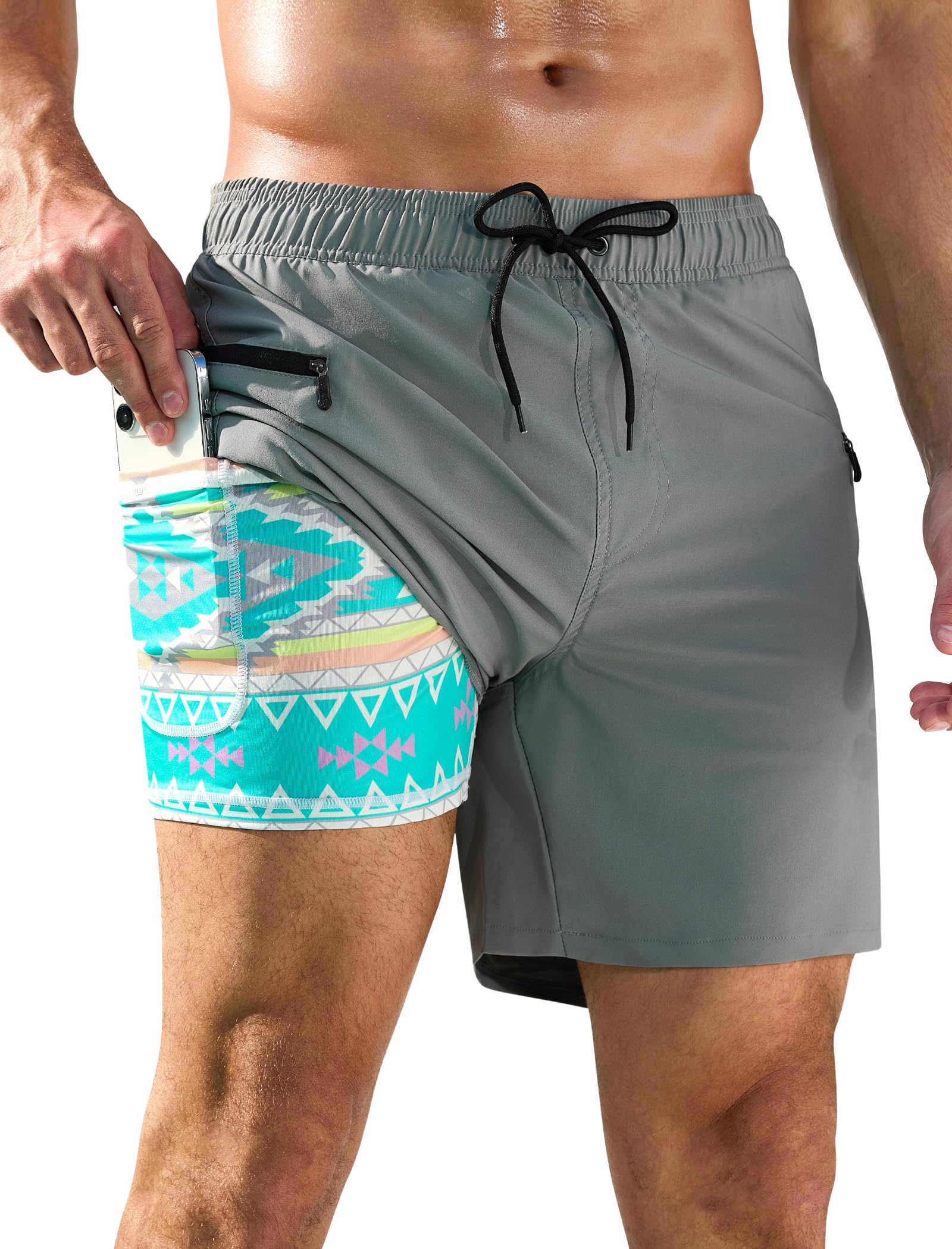 **Men's 5 Inch Quick-Dry Swim Trunks with Printed Compression Liner & Zipper Pockets - Perfect for Beach, Pool & Water Sports**