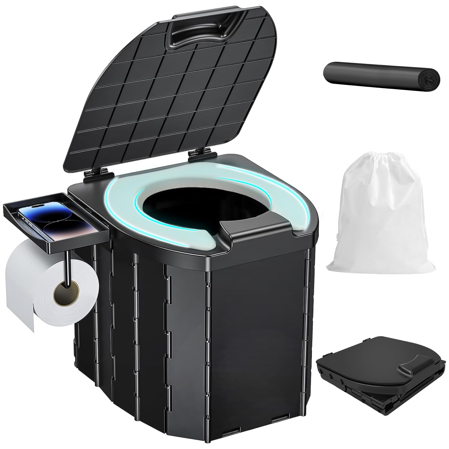 Portable Camping Toilet for Adults - Foldable Travel Toilet with Lid & Removable Paper Holder - Ideal for Hiking, Road Trips, Cars, Tents & Truck Drivers - Perfect Outdoor Emergency Toilet Solution