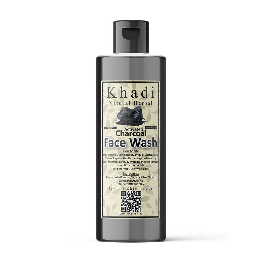 Khadi Natural Herbal Activated Charcoal Face Wash for Women & Men - Deep Pore Cleanser, Oil Control & Dirt Removal for All Skin Types | 200ml | Perfect for Daily Skincare & Acne-Prone Skin