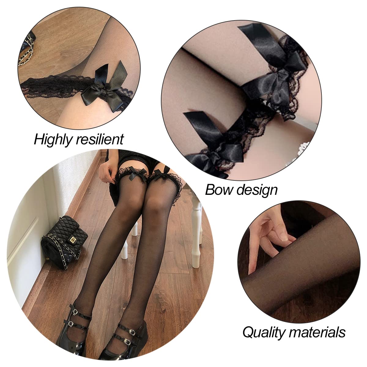 SamHeng 2 Pairs Women's Sexy Lace Top Hold Up Stockings with Satin Bow - Sheer Thigh High Silk Tights for Fancy Dress, Party & Special Occasions (Black+White)
