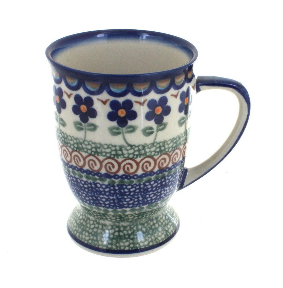 Handmade Blue Rose Polish Pottery Aztec Flower Pedestal Coffee Mug - Perfect for Home Decor, Gift Giving & Daily Tea/Coffee Use