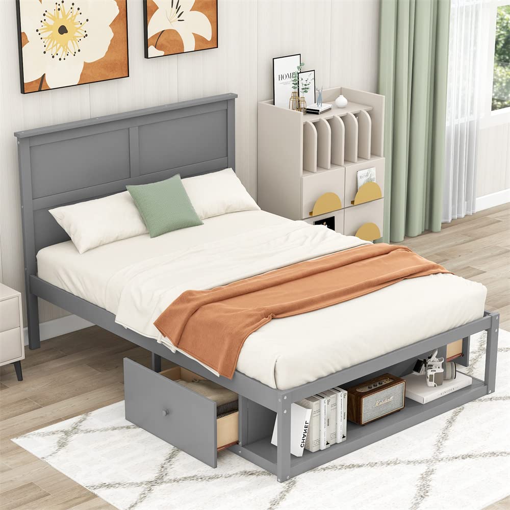 Solid Wood Full Size Platform Bed Frame with Headboard, 2 Drawers & Storage Shelf - No Box Spring Needed, Sturdy Slat Support - Perfect for Kids, Teens & Guest Rooms (Gray) | Space-Saving Bedroom Solution for Small Spaces & Modern Homes