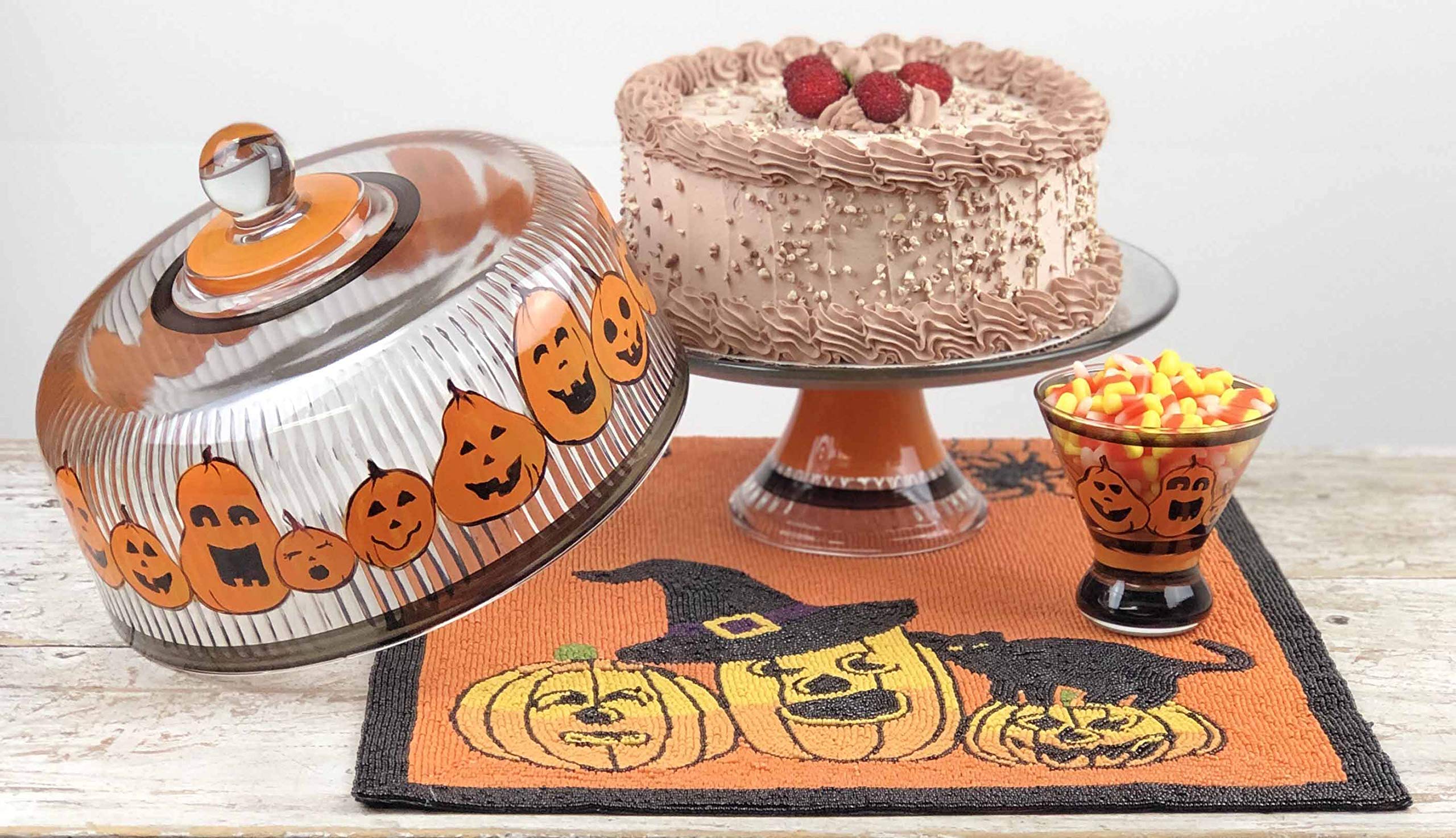 Hand Painted Pumpkin Family Cake Stand with Glass Cover - Unique Decorative Cake Dome for Dessert Display - American Artist Crafted Glassware for Kitchen Table Decor & Party Serving