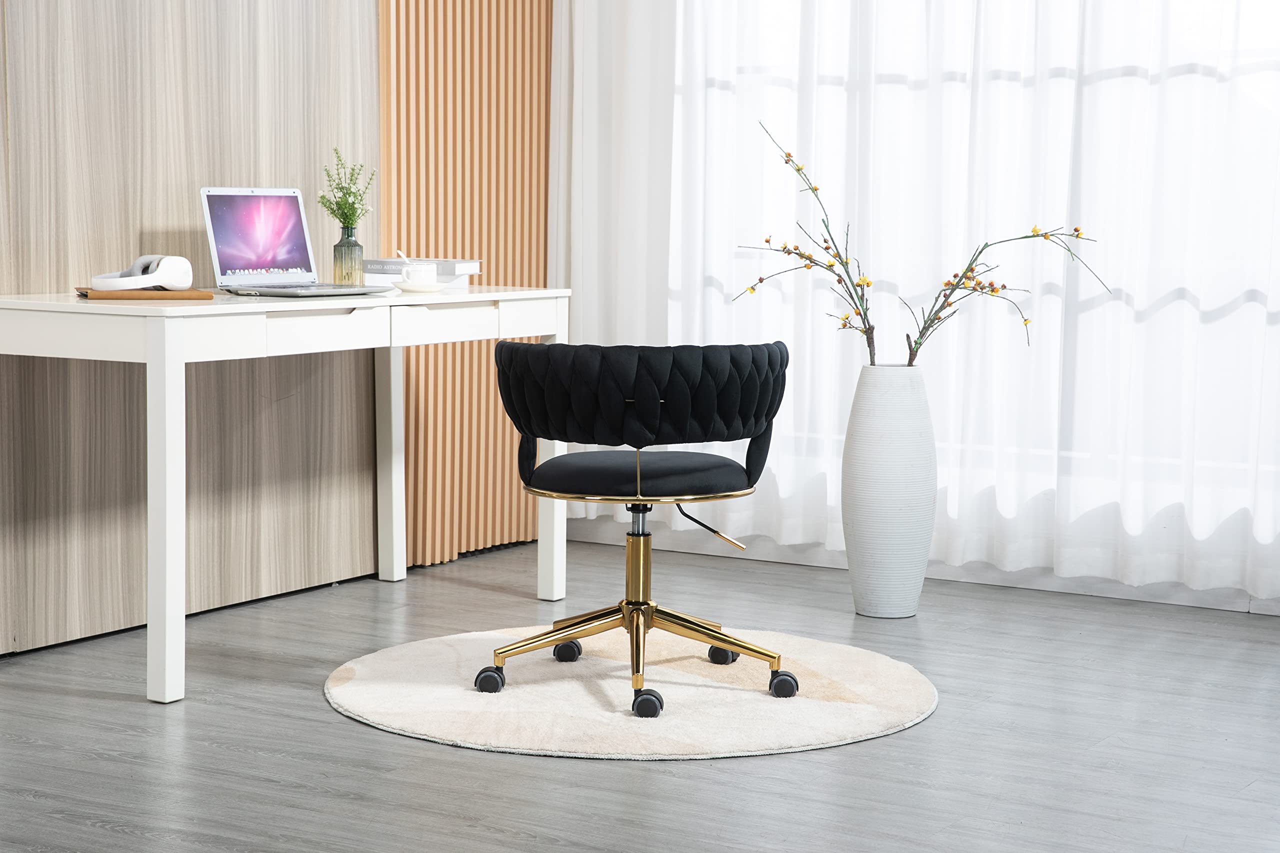 Velvet Office Chair - Ergonomic Swivel Desk Chair with Adjustable Height, Arms & Wheels - Upholstered Computer Task Chair for Home Office, Gaming & Makeup Station - Black Velvet Fabric with Metal Base