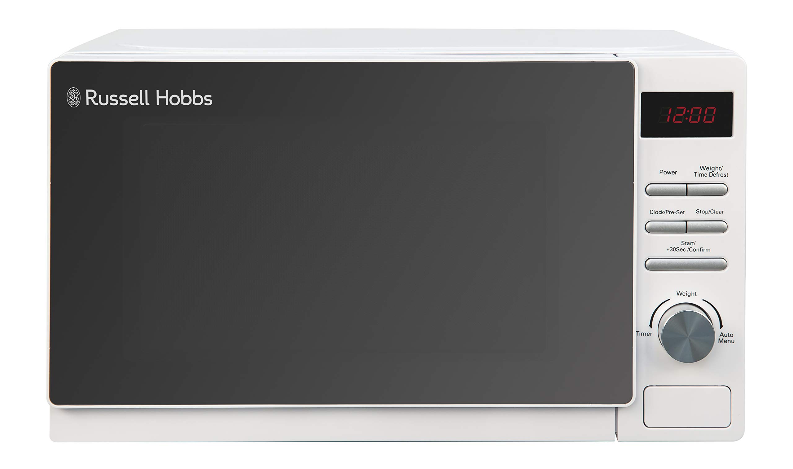 Russell Hobbs RHM2079A 20L 800W White Digital Microwave - 5 Power Levels, Auto Defrost, 8 Auto Cook Menus, Clock & Timer, Easy Clean - Perfect for Dorms, Offices & Small Kitchens