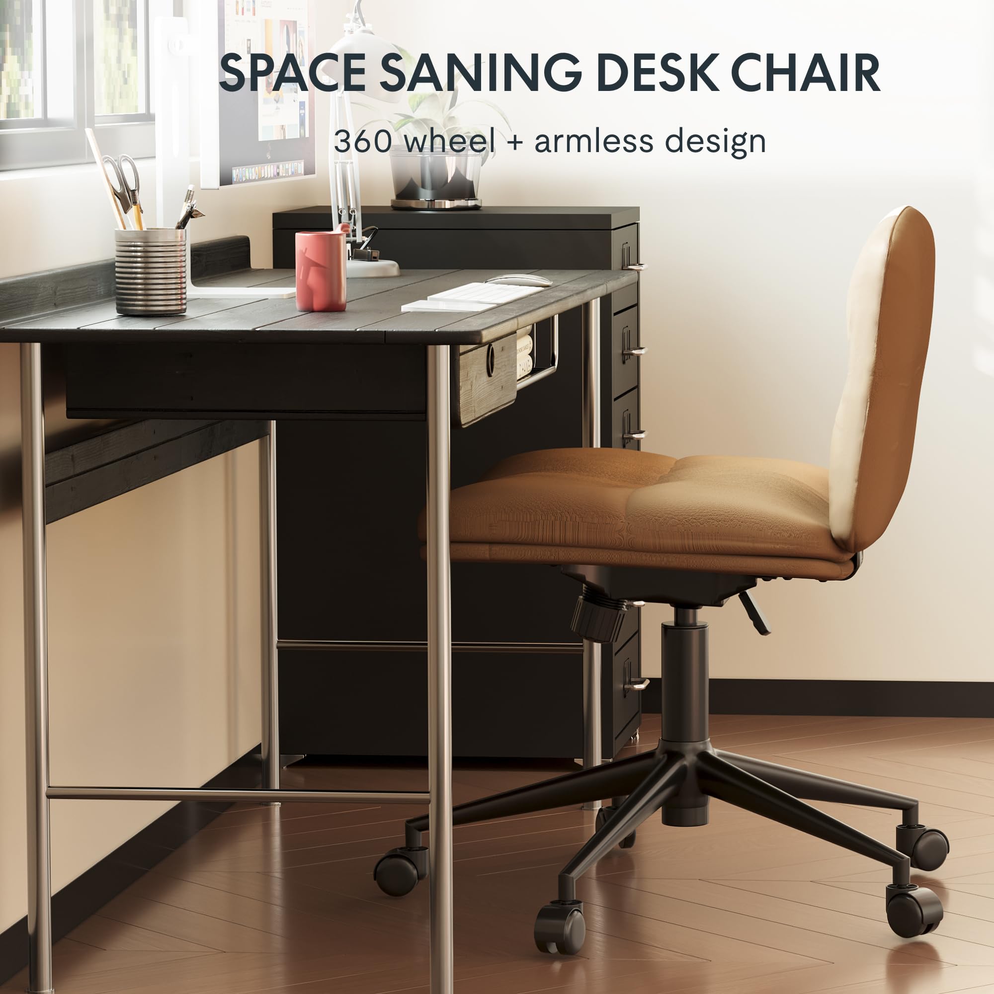 FlexiSpot Ergonomic Cross-Legged Office Chair with Wheels - Armless Vanity Desk Chair for Home & Office, Wide Cushioned Seat in Coffee Brown - Perfect for Makeup Stations, Work Desks & Reading Nooks
