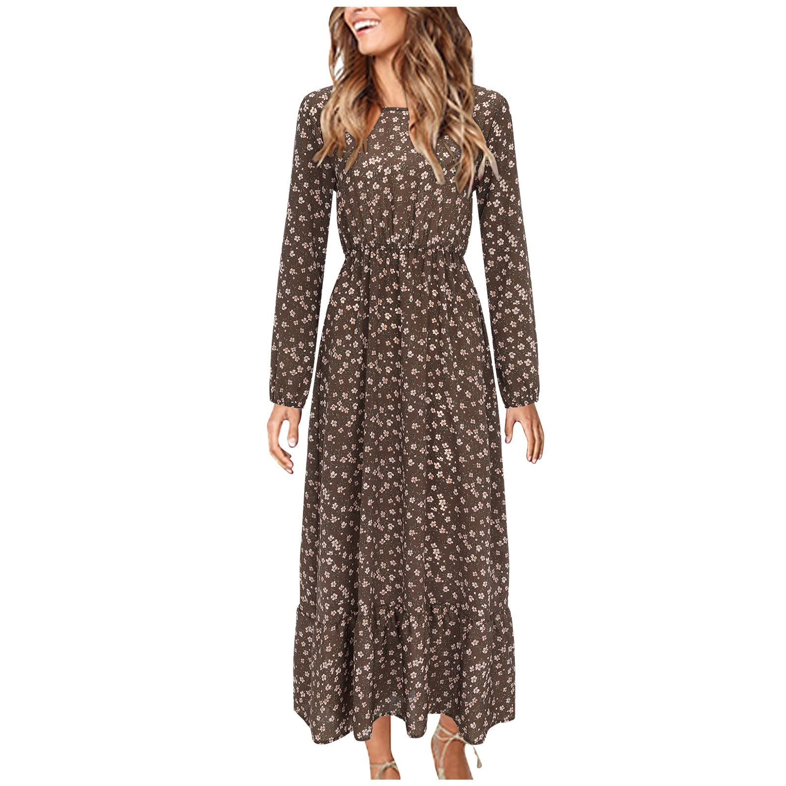 Usuming Women's Floral Print Long Sleeve Ruffle Casual Dress - Elegant Flowy T-Shirt Dress for Everyday Wear, Office, Dating & Special Occasions