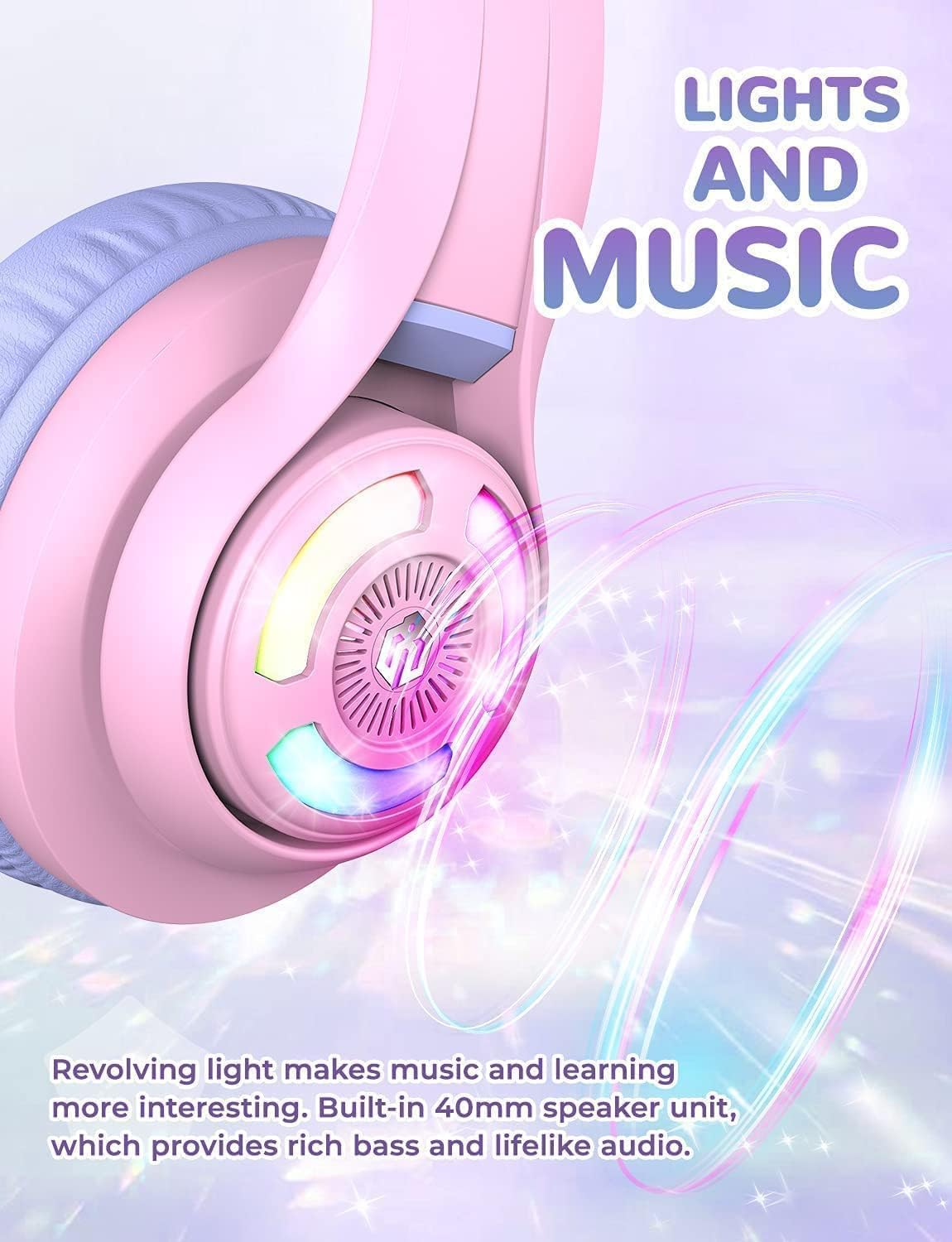 iClever Cat Ear Kids Bluetooth Headphones with LED Lights - 50H Playtime, Bluetooth 5.2, USB-C, 74/85dBA Safe Volume Limited - Wireless Over-Ear Headphones for Girls & Boys (Meow Macaron-Bright Purple) - Perfect for School, Travel & Gaming