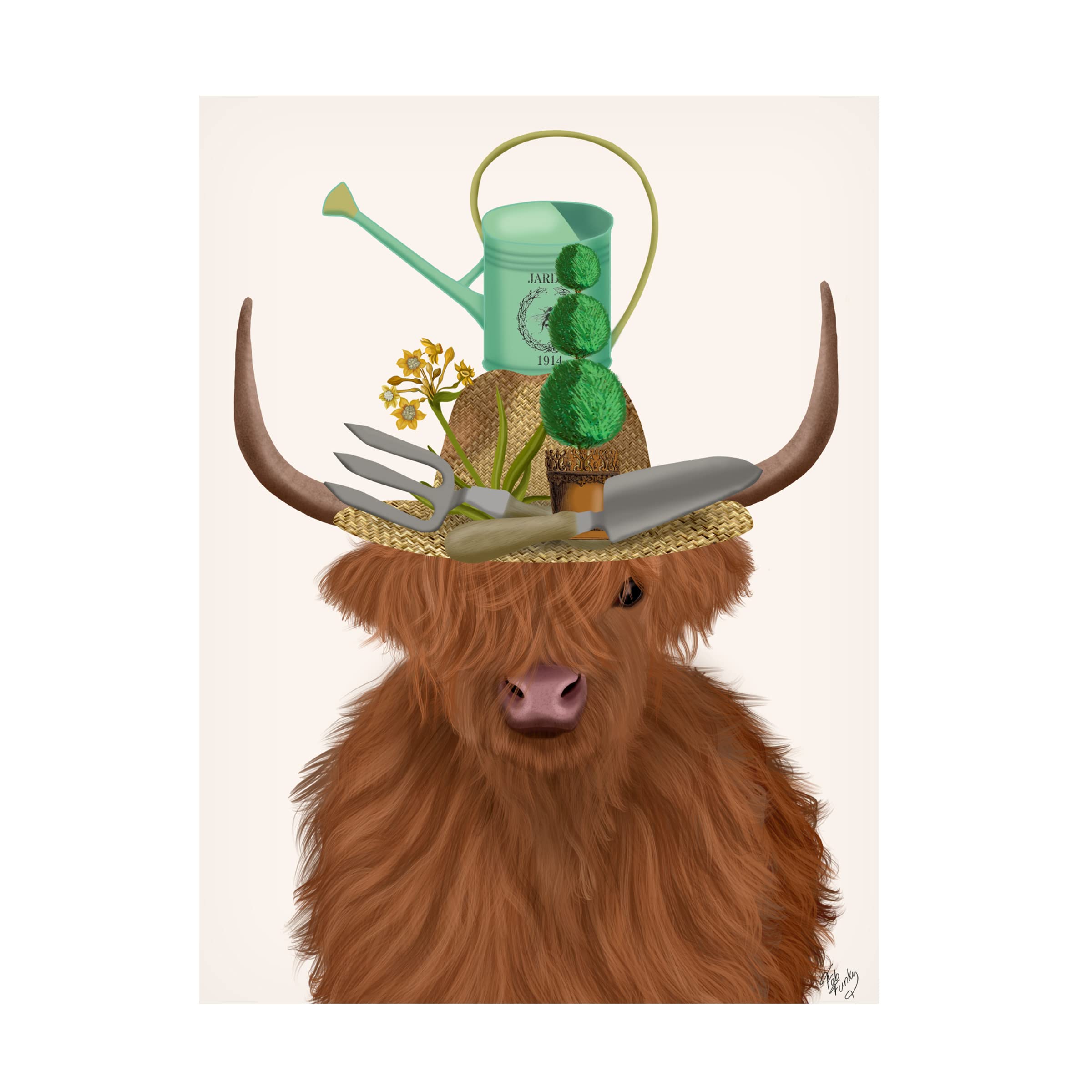 Trademark Fine Art 'Highland Cow and Gardener's Hat' Canvas Wall Art by Fab Funky - Perfect for Living Room, Bedroom & Office Decor