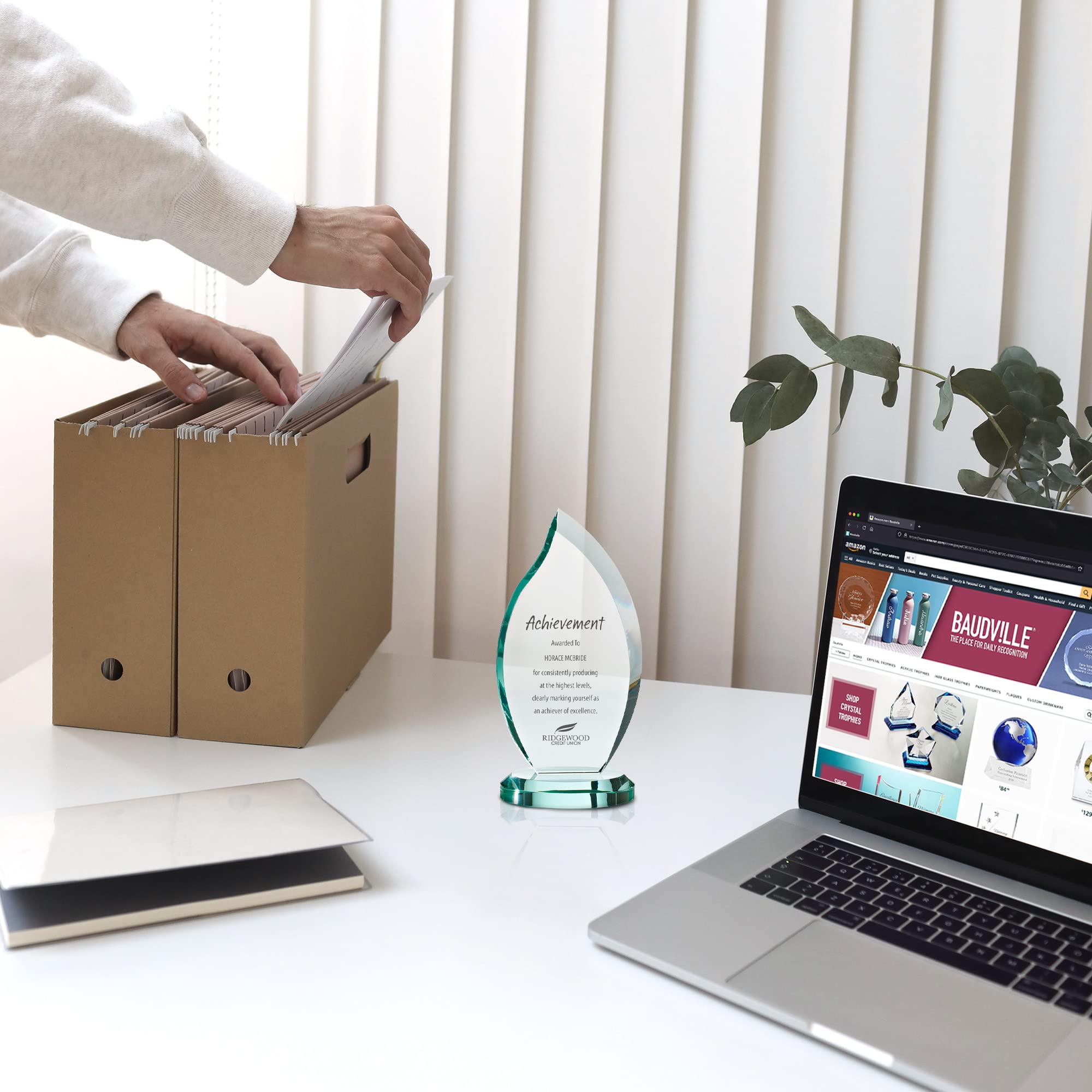 Baudville Engraved Jade Glass Flame Trophy - Employee Recognition Award with Gift Box - Perfect for Corporate Awards, Sales Incentives & Retirement Celebrations