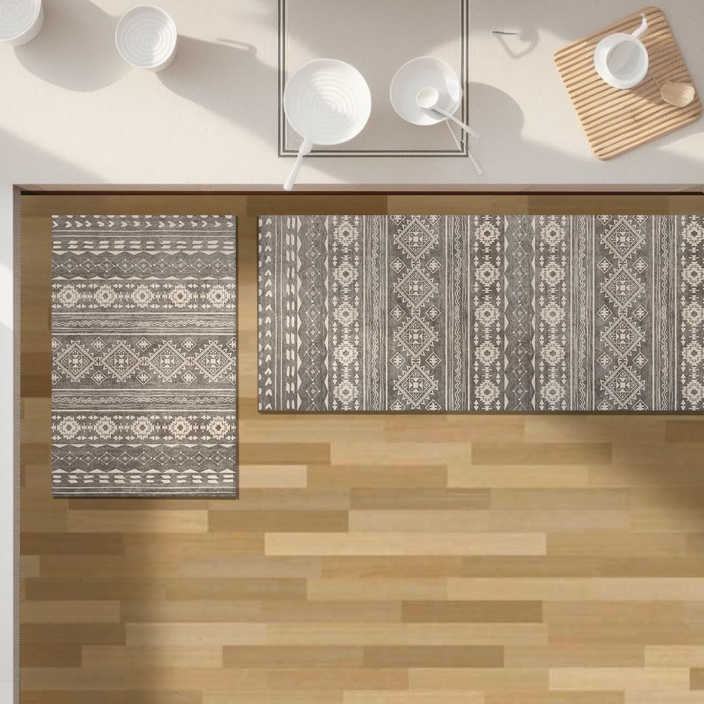 Yancorp Non-Slip Washable Kitchen Rugs Set of 2 - Narrow Runner Mats for Floor, Bathroom, Hallway, Office & Laundry (Grey) - Perfect for High-Traffic Areas, Sink Protection & Spill Absorption