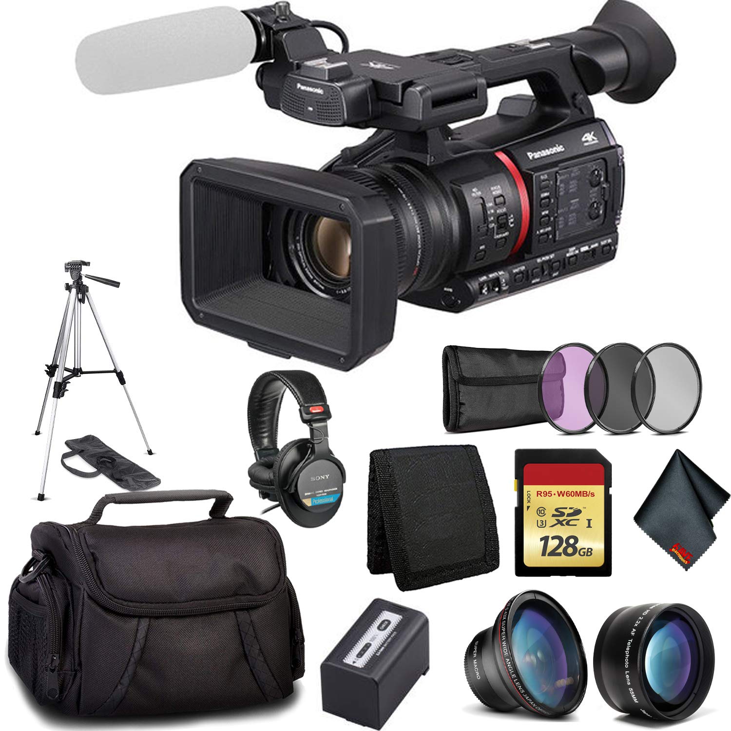 Panasonic AG-CX350 4K UHD Professional Camcorder Bundle with 128GB SD Card, 3-Piece Filter Kit, Wide Angle & Telephoto Lenses, Sony MDR Headphones - Perfect for Film Making, Live Streaming, and Broadcast Journalism
