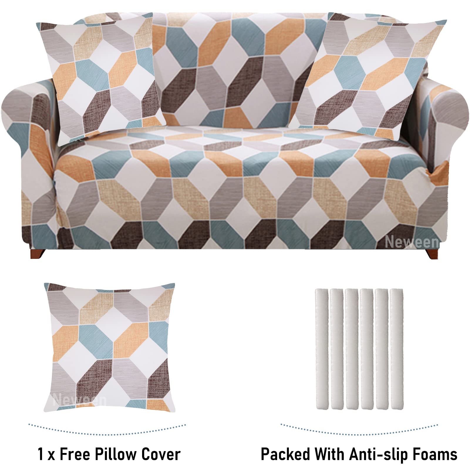 Stretch Chair Sofa Cover - Printed Non-Slip Elastic Couch Slipcover with Pillowcase & Foam Sticks, Washable Furniture Protector for Kids, Universal Fit (Geometric Design) - Perfect for Living Room, Bedroom, and Home Decor Protection
