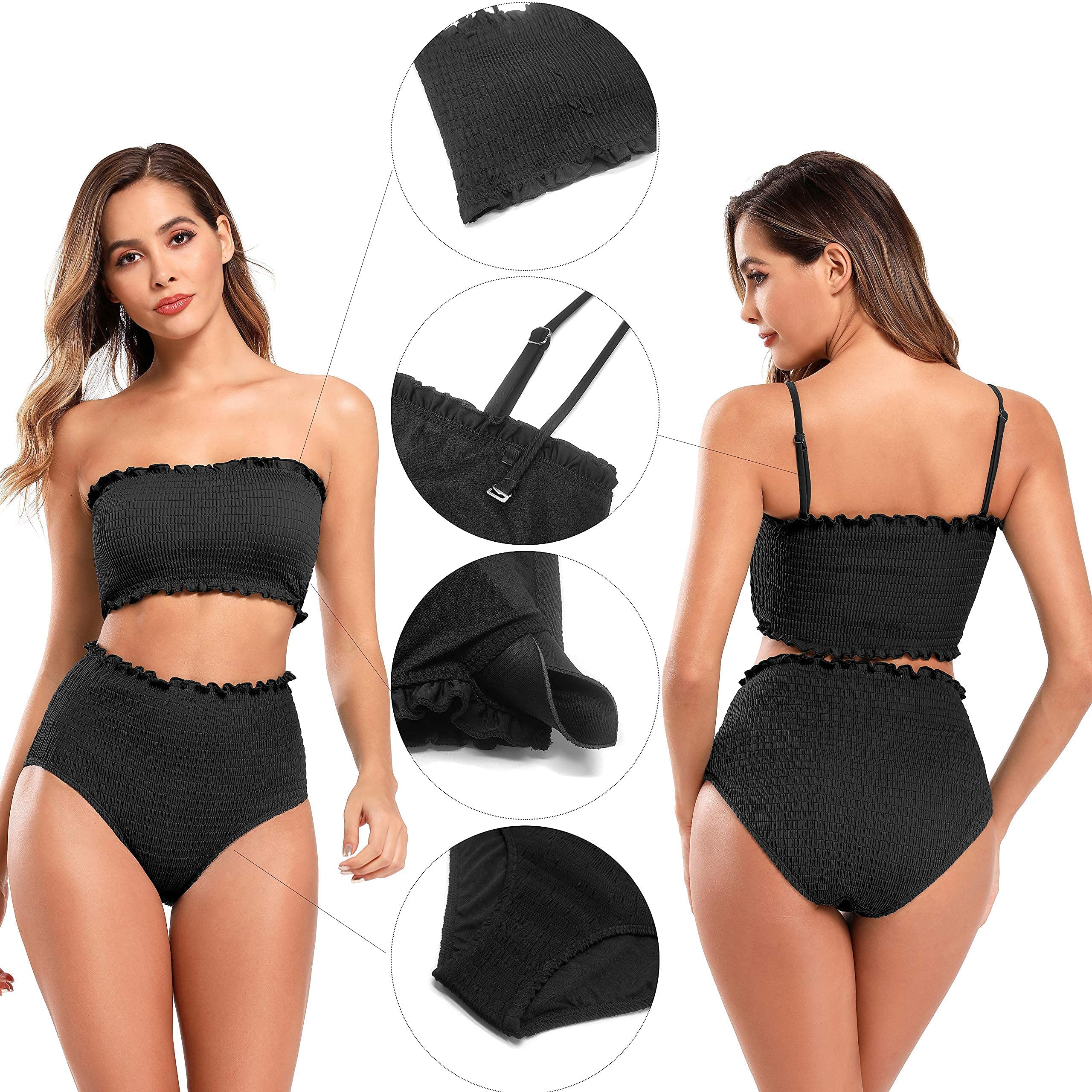 SHEKINI Women's Bikini Set - Shirred Bandeau Bikini Top with Removable Straps & High Waist Bottom | Two Piece Swimwear for Beach, Pool & Summer Vacation