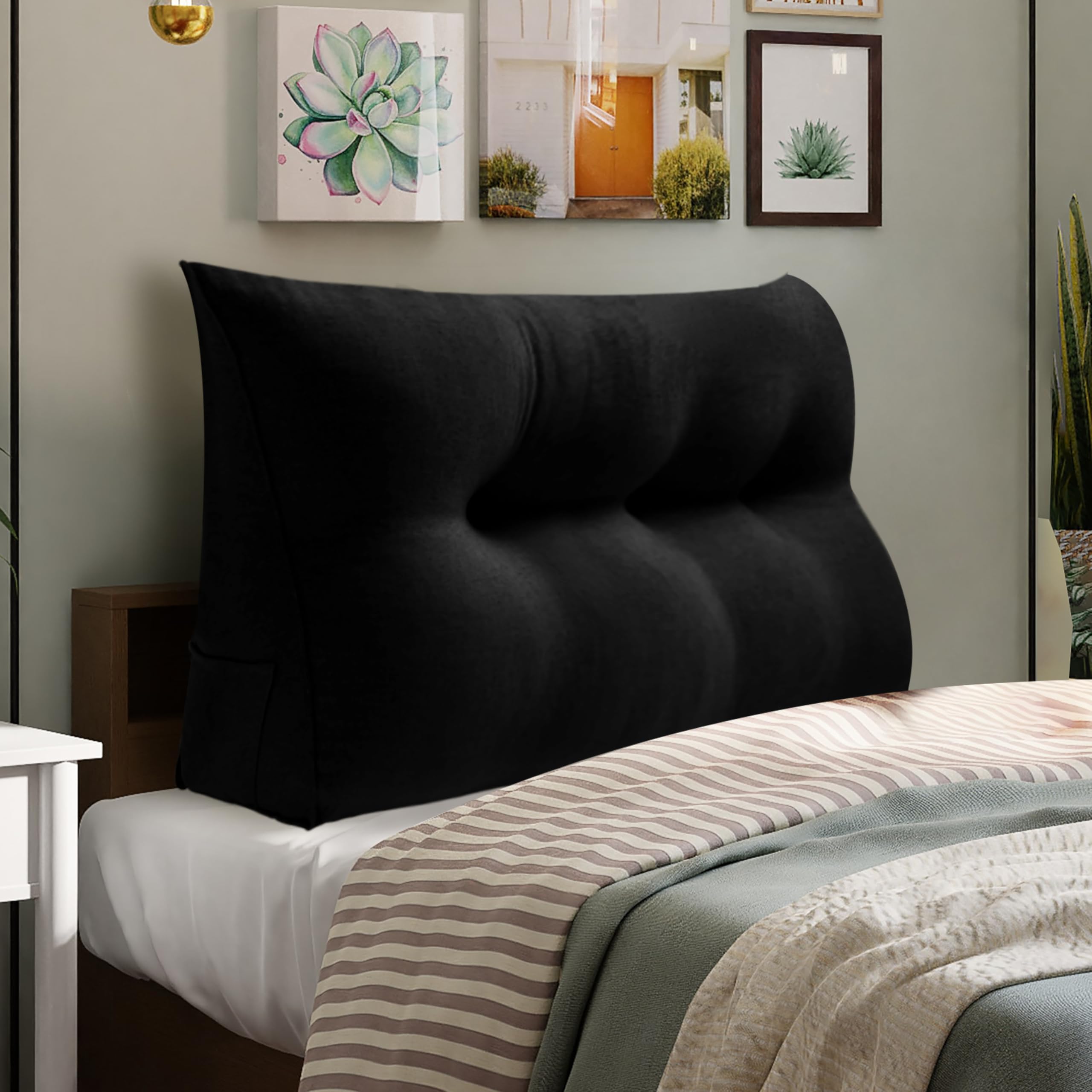 WOWMAX Wedge Pillow Headboard for Twin XL Bed - Linen & Cotton Blend Bolster Pillow with Removable Cover (Black) - Perfect for Dorms, Small Spaces & Back Support While Reading or Watching TV in Bed