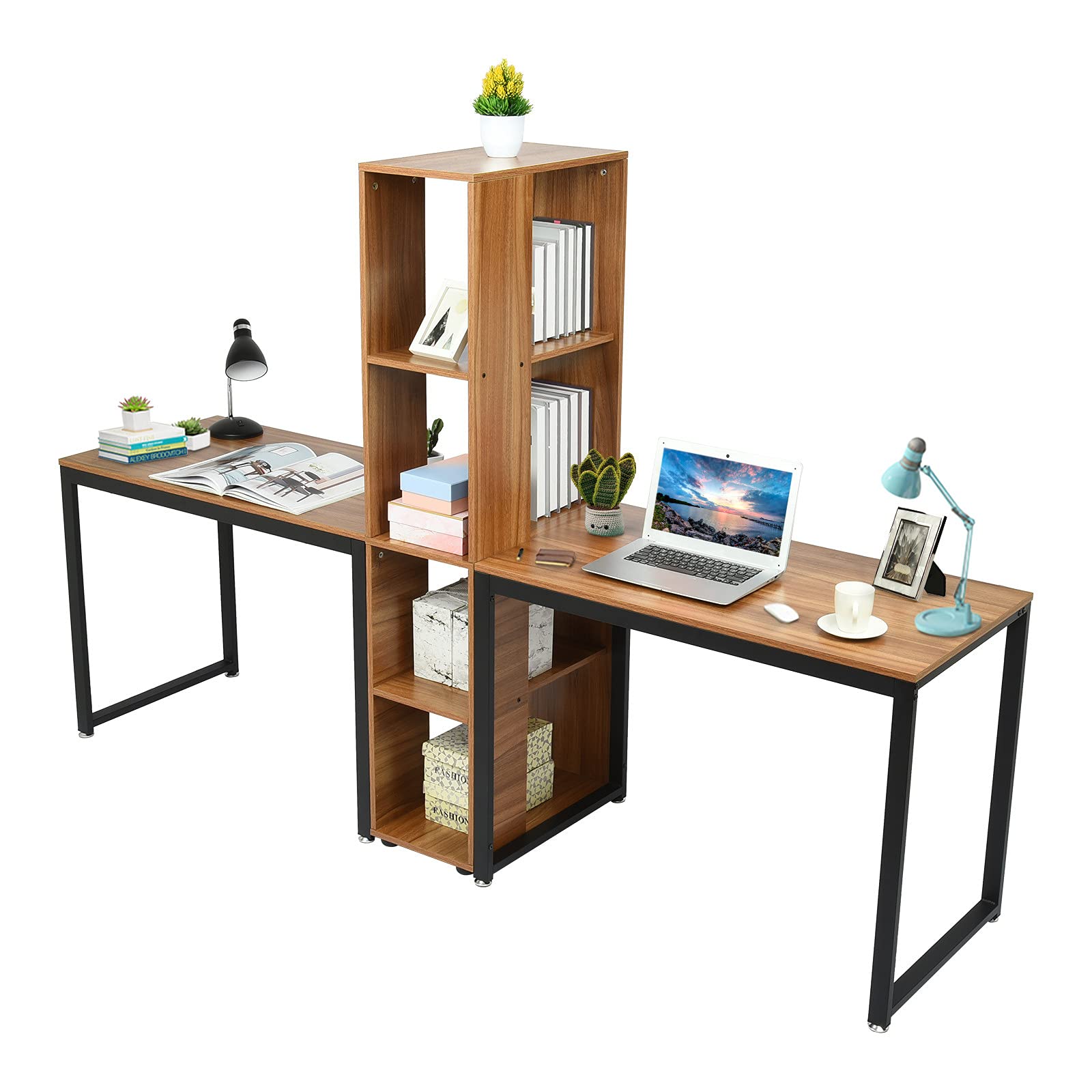 Ergonomic Dual Office Computer Desk - Large Two Person Workstation with Storage for Home Office, Gaming & Study (Brown) | Perfect for Shared Workspaces & Small Home Offices