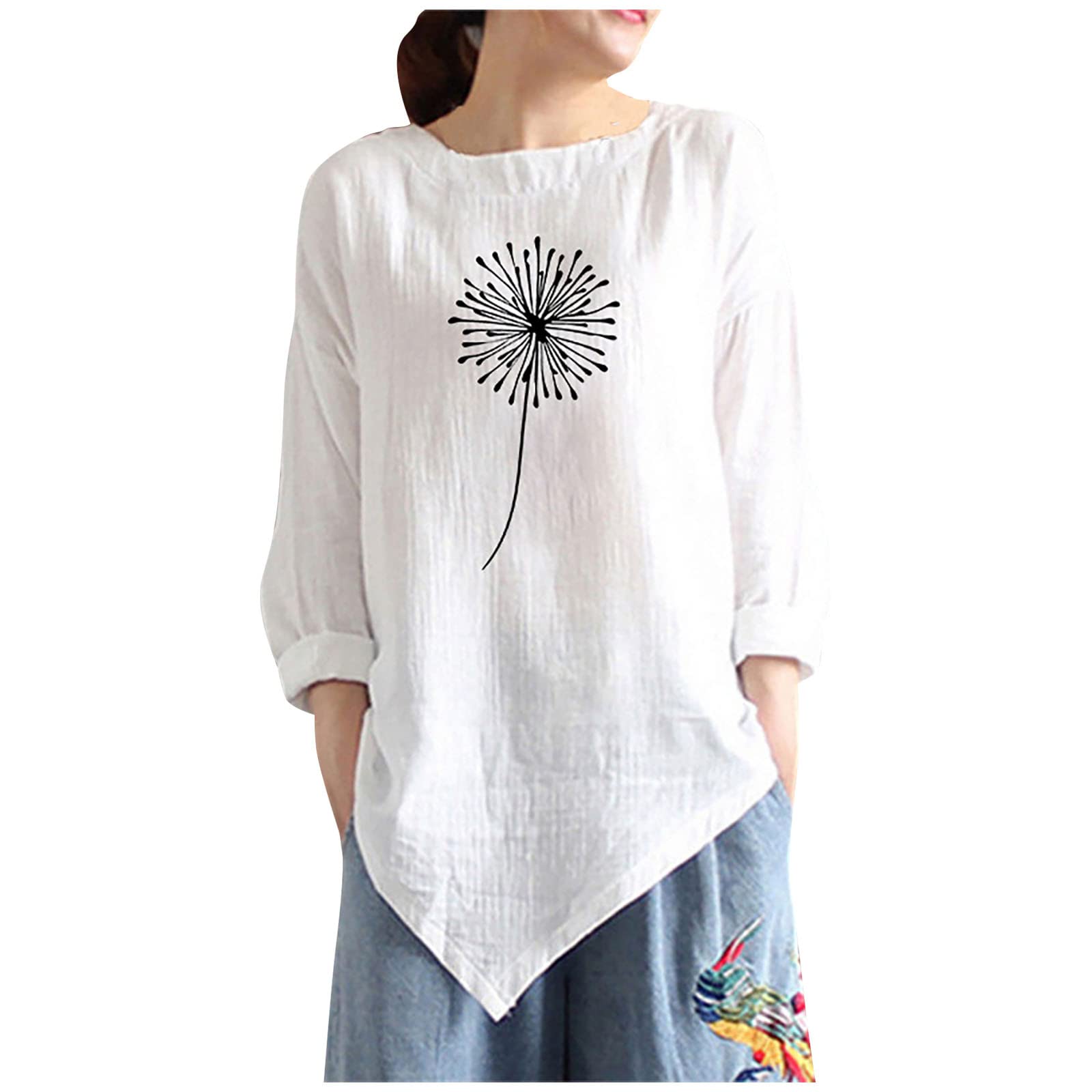 PIMOXV Women's Cute Summer Linen Shirts - 3/4 Sleeve Crewneck Handkerchief Hem Loose Casual Blouse for Beach, Vacation & Everyday Wear | Breathable & Stylish Top for Outdoor Activities & Relaxing