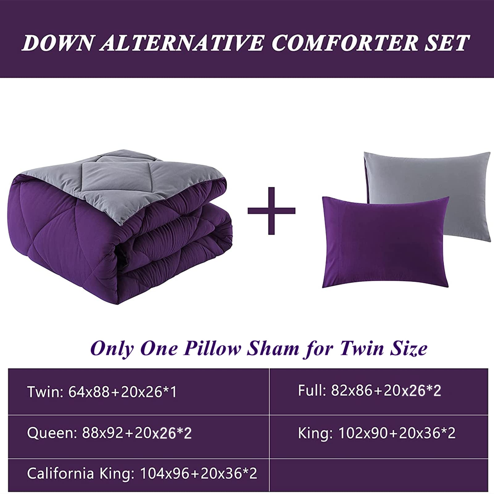 ELNIDO QUEEN® 2-Piece Twin/Twin XL Comforter Set - Reversible Purple & Grey Down Alternative Duvet Insert with Pillow Sham | Soft Lightweight Bedding for All Seasons | Perfect for Kids Rooms, Guest Beds & Dorm Decor (64x88 Inches)
