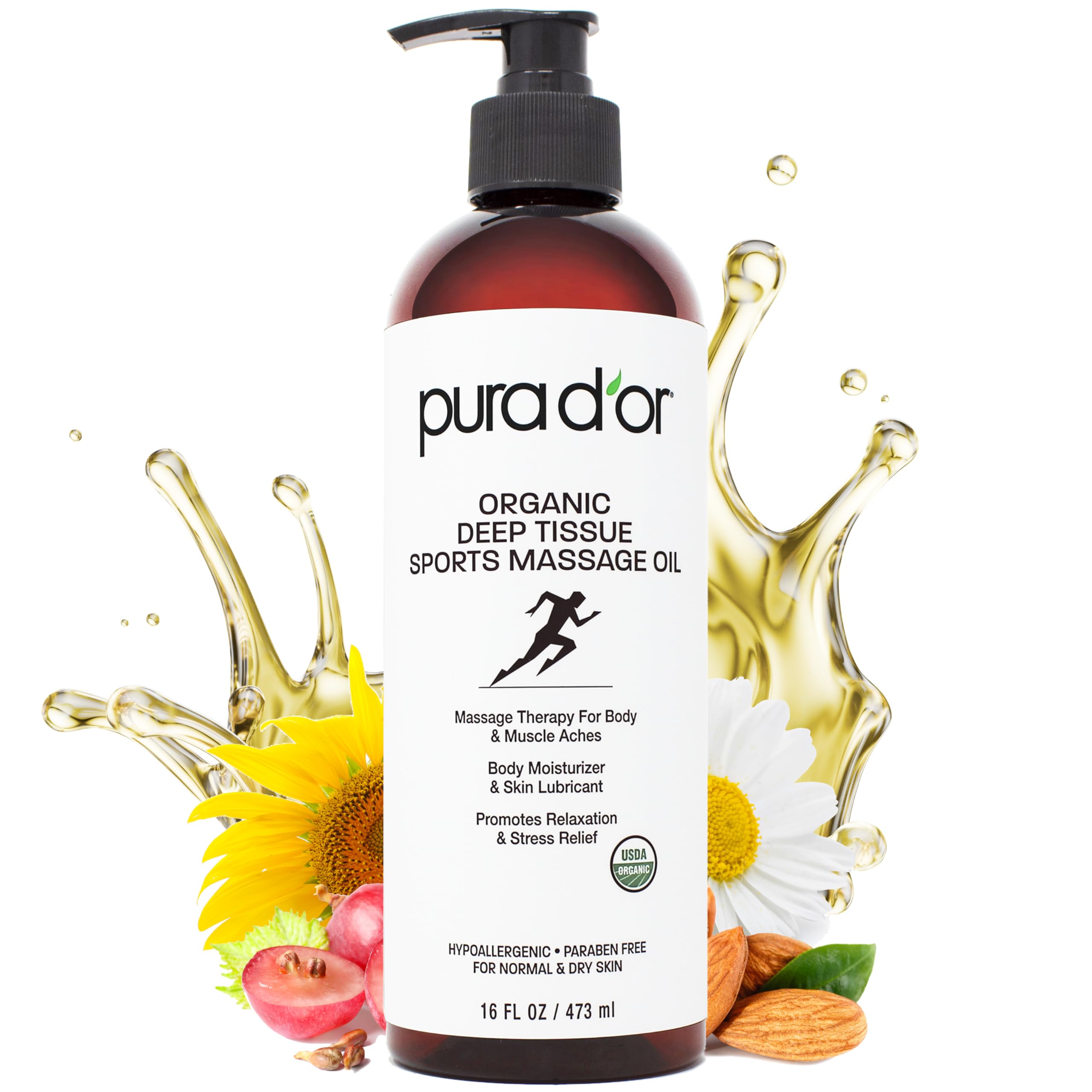 PURA D'OR 16 Oz Organic Deep Tissue Sports Massage Oil for Sore Muscles - Jojoba, Sunflower, Almond, Grapefruit & Eucalyptus Oils - Relieve Muscle Pain & Stiffness - Perfect for Post-Workout Recovery, Athletes & Relaxation Therapy