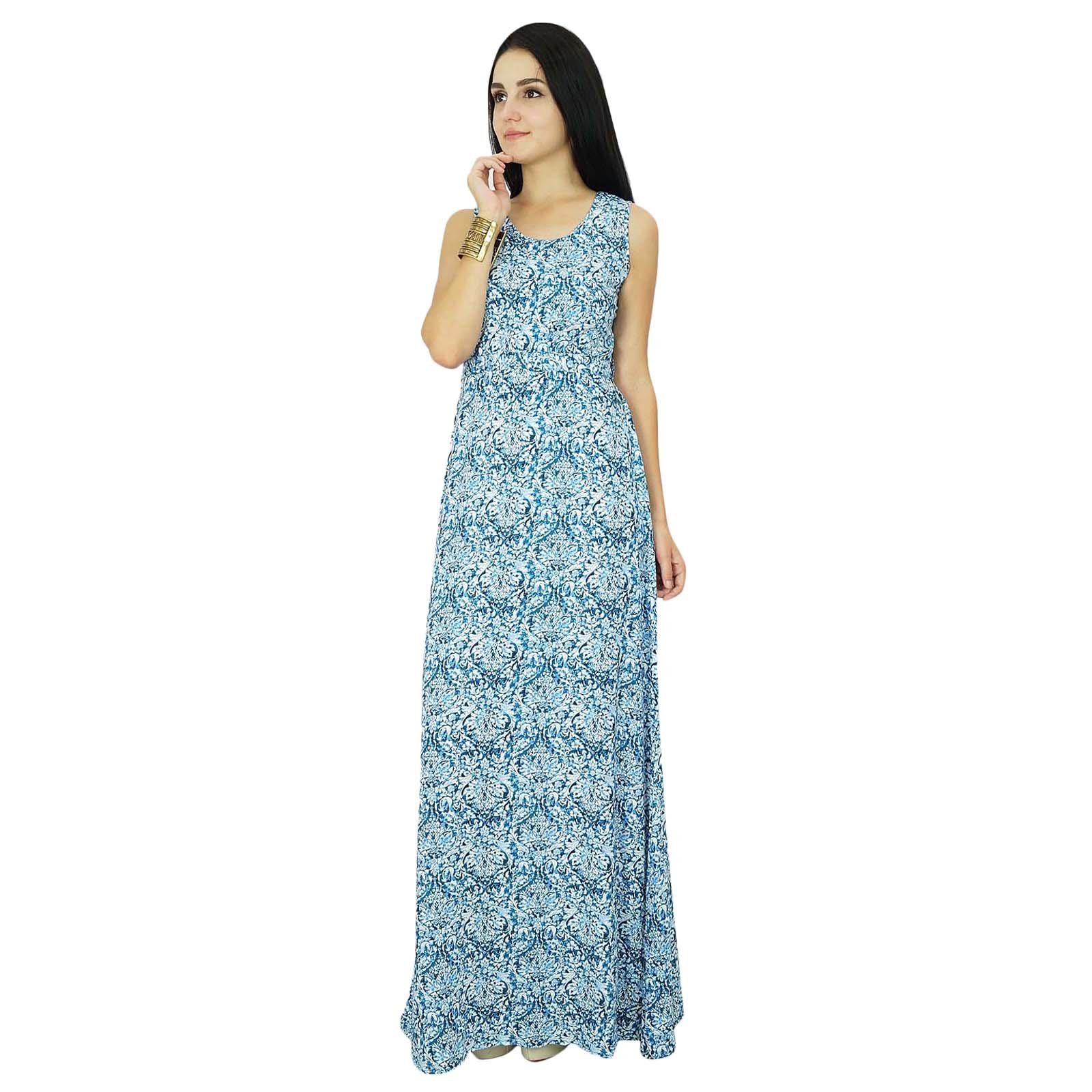 Bimba Women's Printed Sleeveless Rayon Maxi Dress - Casual Summer Beach Long Dress in Blue | Perfect for Vacations, Pool Parties & Boho Outfits
