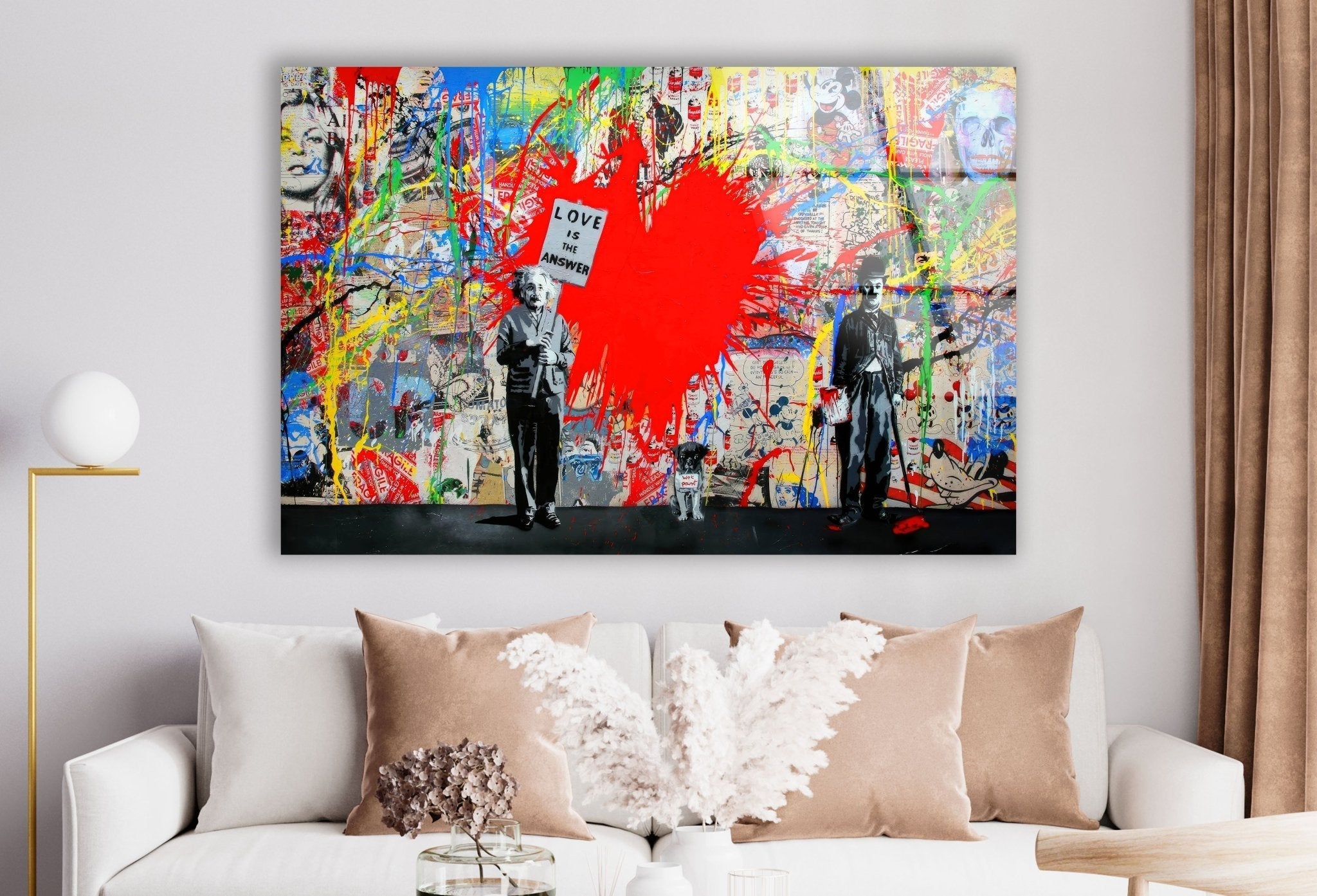 Banksy Einstein Love is the Answer Glass Wall Art - Modern Home Decor for Living Room, Bedroom & Office