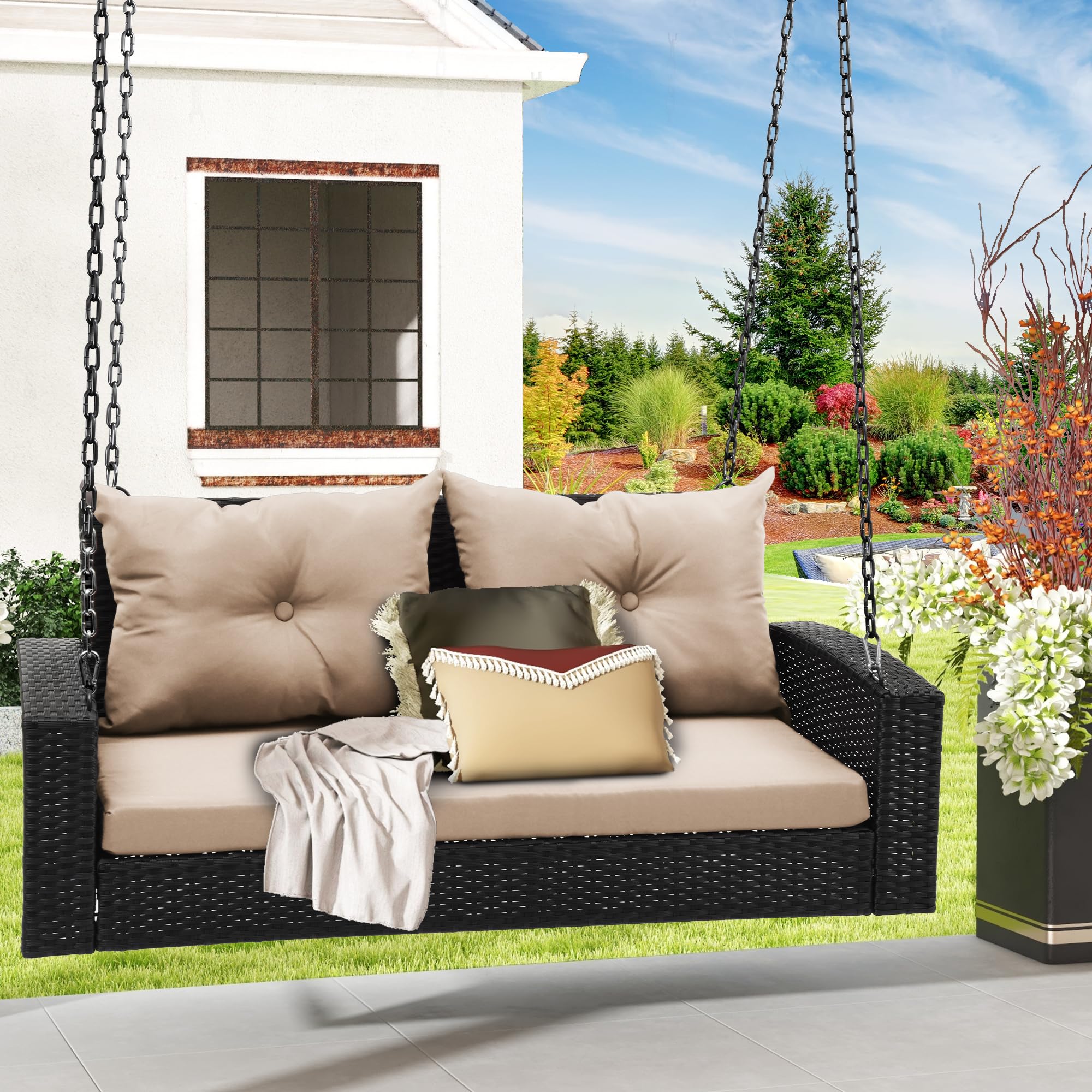 DWVO Brown Rattan Hanging Porch Swing Chair - 530lb Capacity Outdoor Patio Swing with 2 Cushions for Garden, Balcony, Backyard - Perfect for Relaxing, Lounging & Reading in Your Outdoor Space