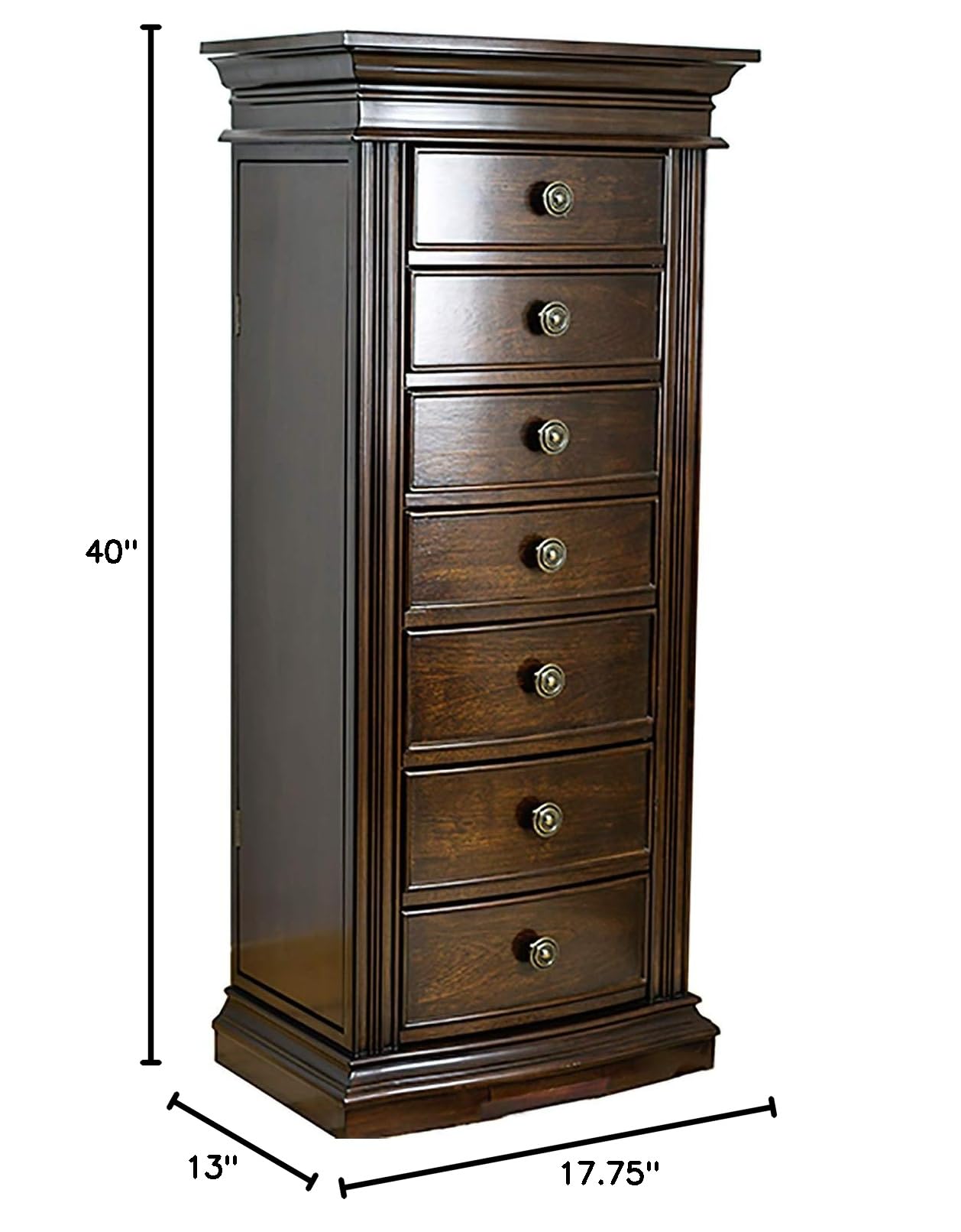 Lawson Standing Jewelry Armoire Cabinet - Walnut Wood Jewelry Storage Organizer with Flip Top Mirror, 2 Side Doors & 7 Drawers - Perfect for Necklaces, Earrings & Bracelets - Ideal for Bedroom, Dressing Room & Closet Organization