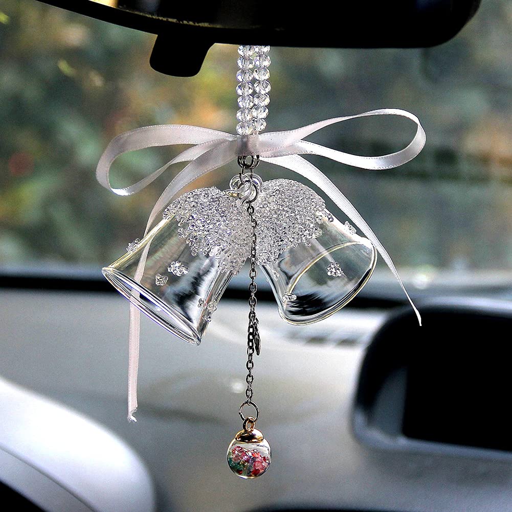 Bling Bling Rhinestone Crystal Double Bell Car Rearview Mirror Pendant - Elegant Hanging Charm for Car Interior Decoration | Perfect for Gifts, Daily Commute & Road Trips