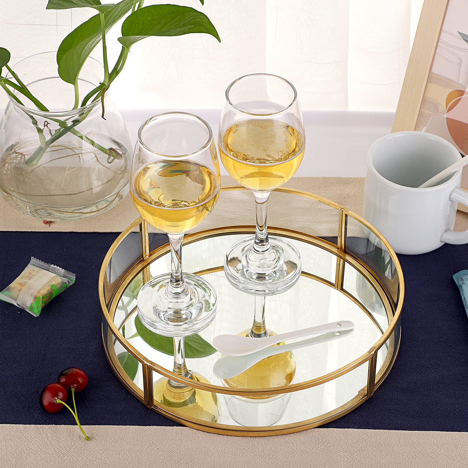 ELLDOO Gold Round Glass Vanity Tray - Decorative Mirror Jewelry & Perfume Organizer for Dresser, Makeup Display, and Home Decor | Perfect for Bedroom, Bathroom & Gift Giving
