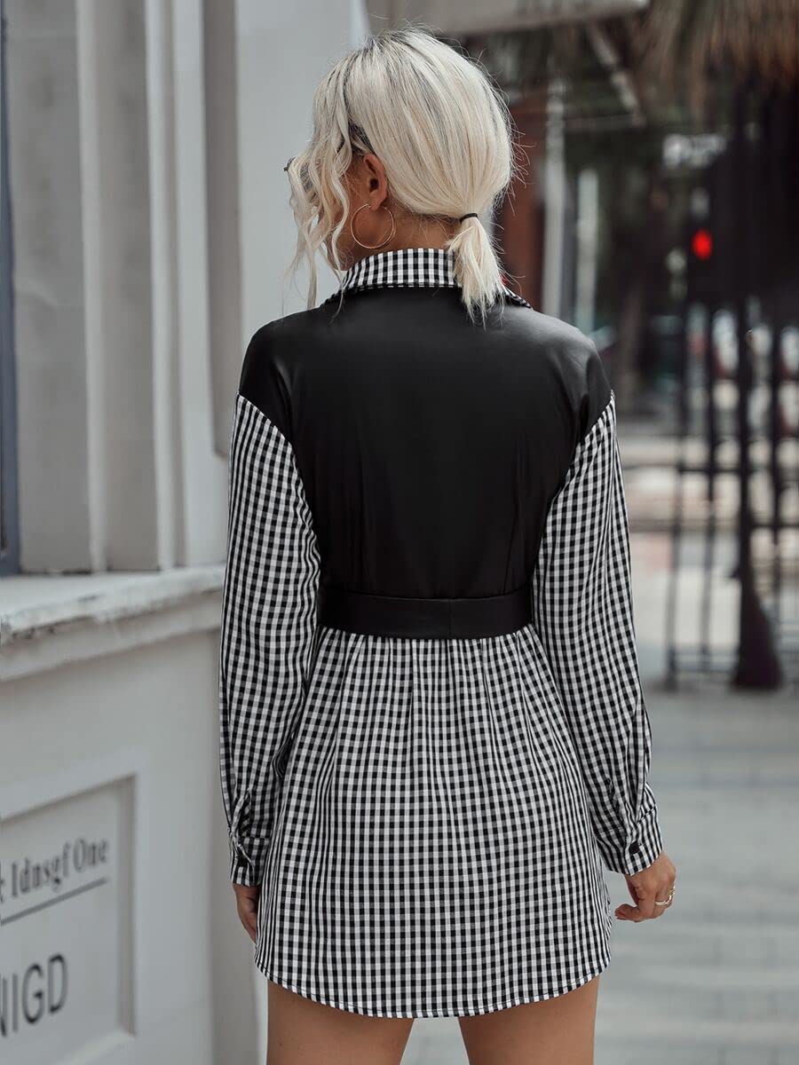 TINMIIR Women's Gingham Drop Shoulder Belted Blouse - Black & White Small | Casual Office Wear & Spring Summer Fashion Top