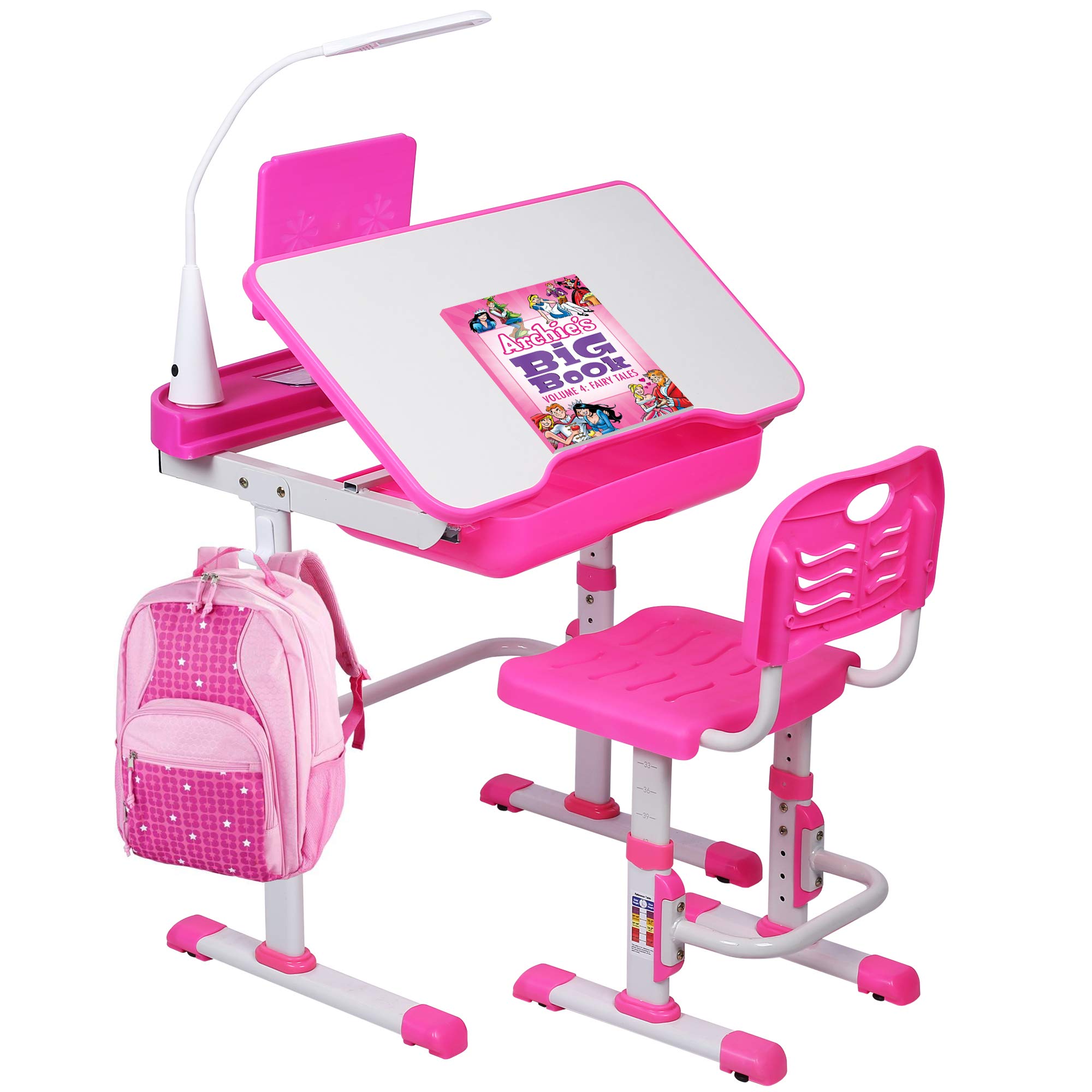 Adjustable Kids Desk and Chair Set with LED Light & Storage Drawer - Ergonomic Study Table for Children, Tilt Desktop & Book Stand - Perfect for Homework, Drawing & Online Learning (Pink)