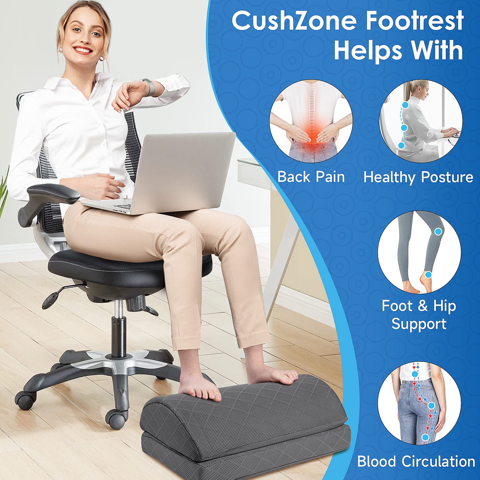 Ergonomic Foot Rest for Office & Gaming - Adjustable Height Under Desk Footrest with Removable Cover - Perfect for Workstations, Home Office & Long Gaming Sessions (Gray)