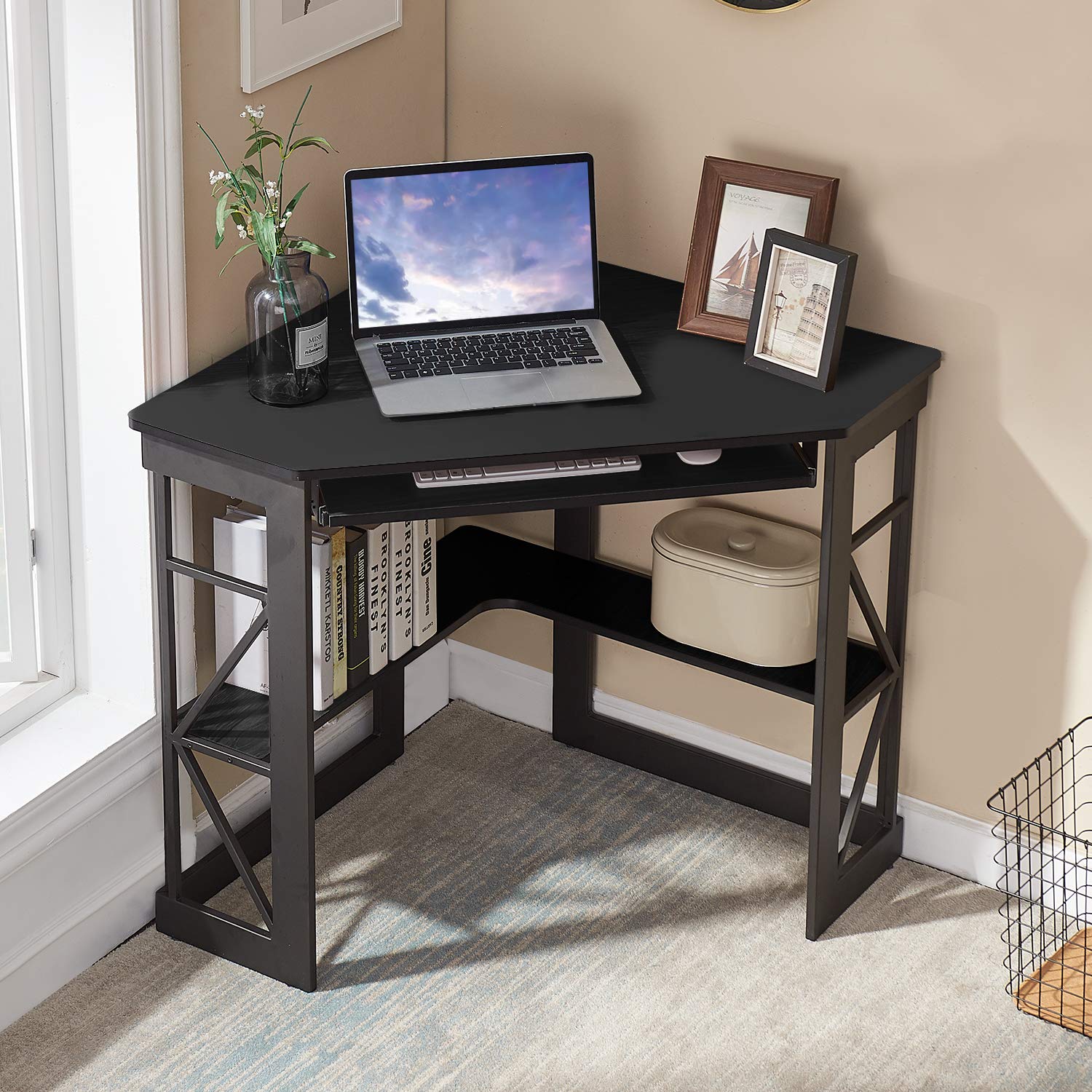 VECELO Compact Corner Desk with Keyboard Tray & Storage Shelves - Black Triangle Computer Desk for Home Office, Gaming & Small Spaces | Writing Table with Smooth Surface & Ergonomic Design