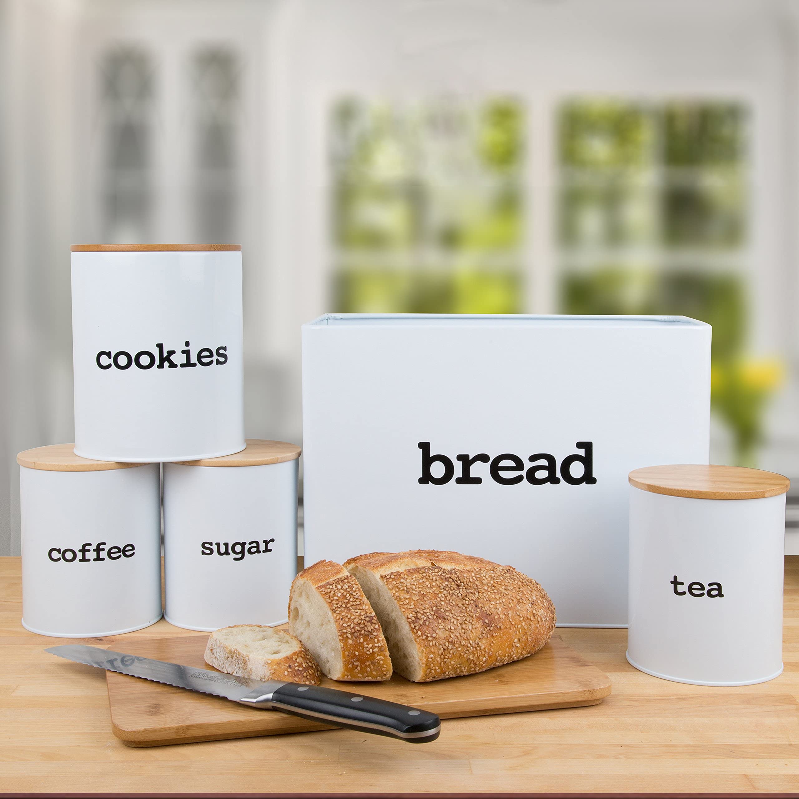 Airtight Metal Canister Set with Lids & Cutting Board - 10-Piece Kitchen Storage Containers for Tea, Coffee, Sugar, Cookies, Snacks & Bread - Perfect for Pantry Organization & Cooking Enthusiasts - Ideal for Home, Office, or Gift Giving