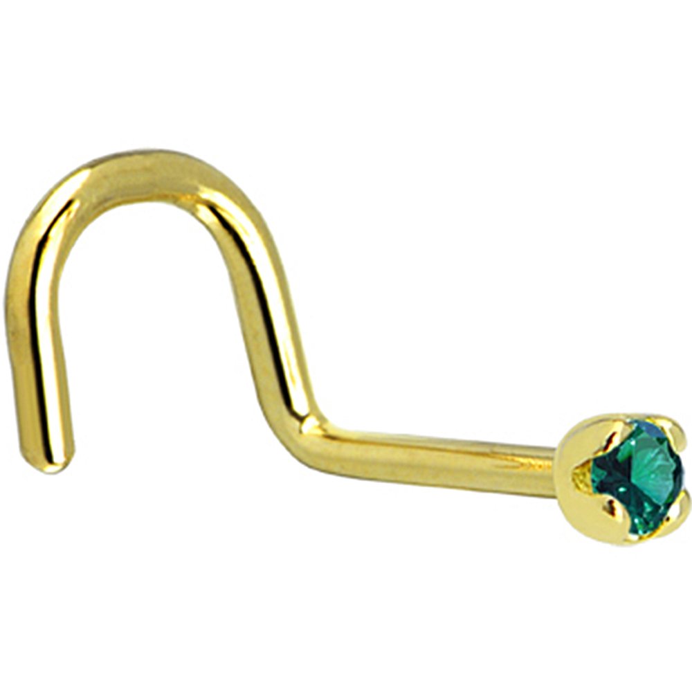18K Yellow Gold 1.5mm Genuine Green Diamond Nose Stud Screw - 20 Gauge 1/4