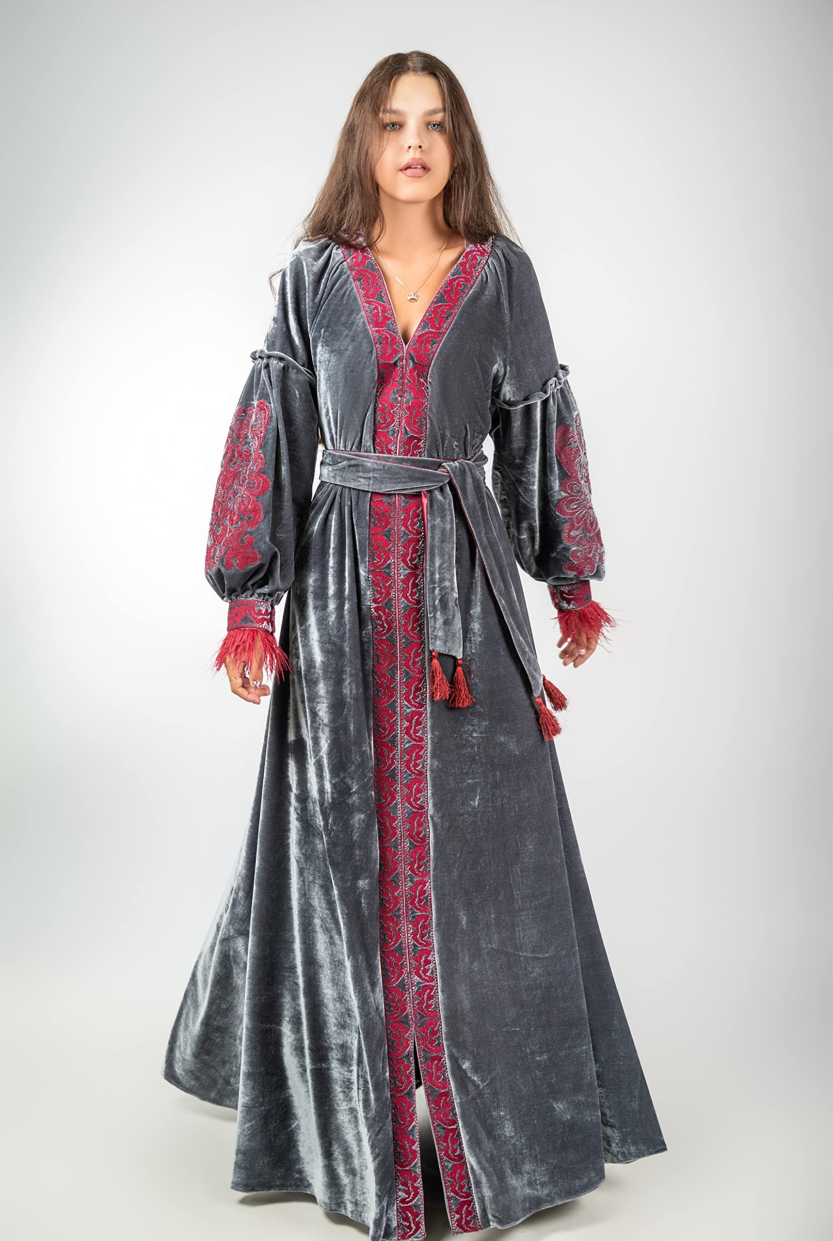 Elegant Velour Long Dress with Embroidery - Gray Bohemian Boho Chic Signature Long Sleeve Dress (Vyshyvanka Style) | Perfect for Weddings, Parties & Special Occasions