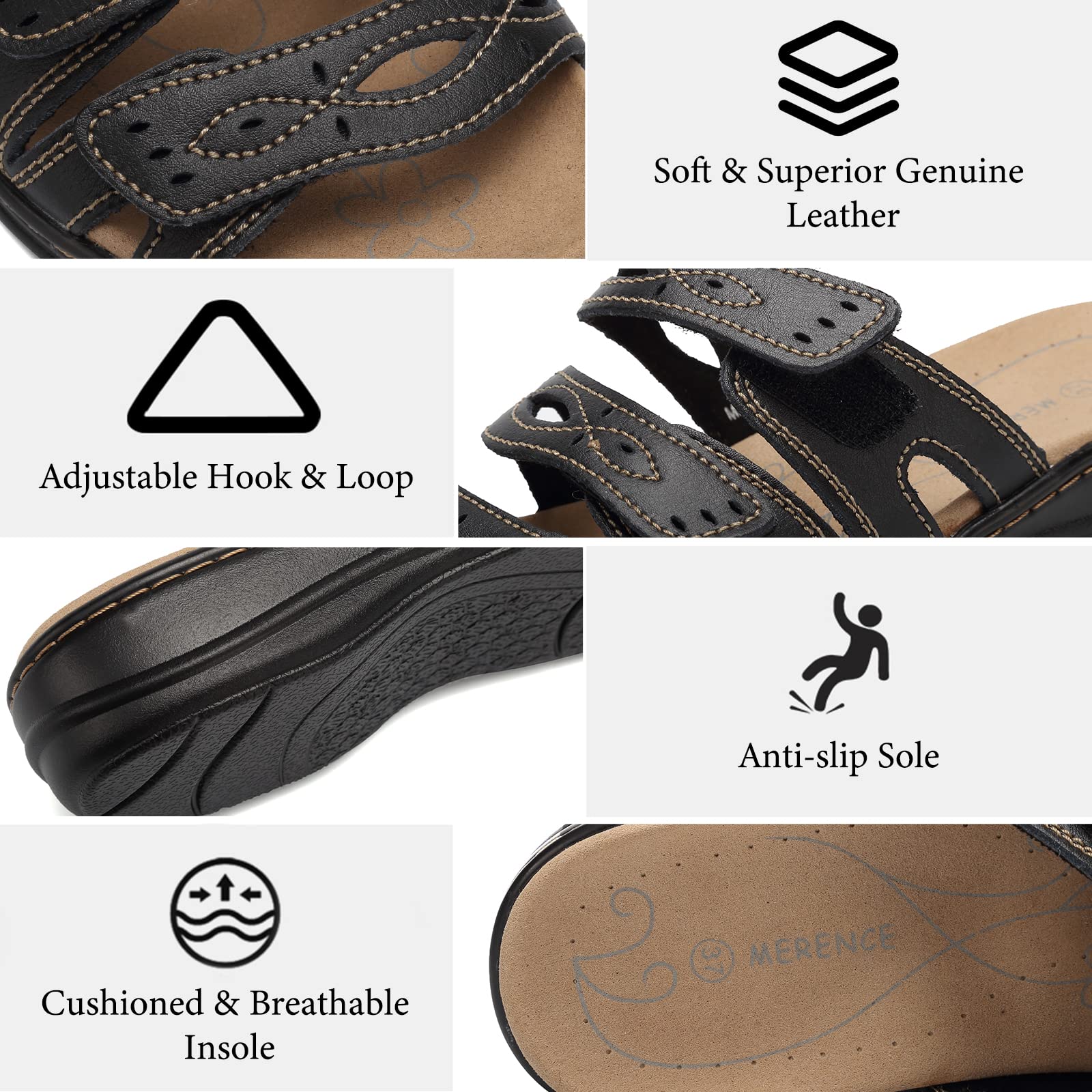 Women's Classic Leather Sandals with Arch Support - Adjustable Hook & Loop Straps Slip-On Casual Shoes - Lightweight Outdoor Sandals for Walking, Travel & Summer Fashion