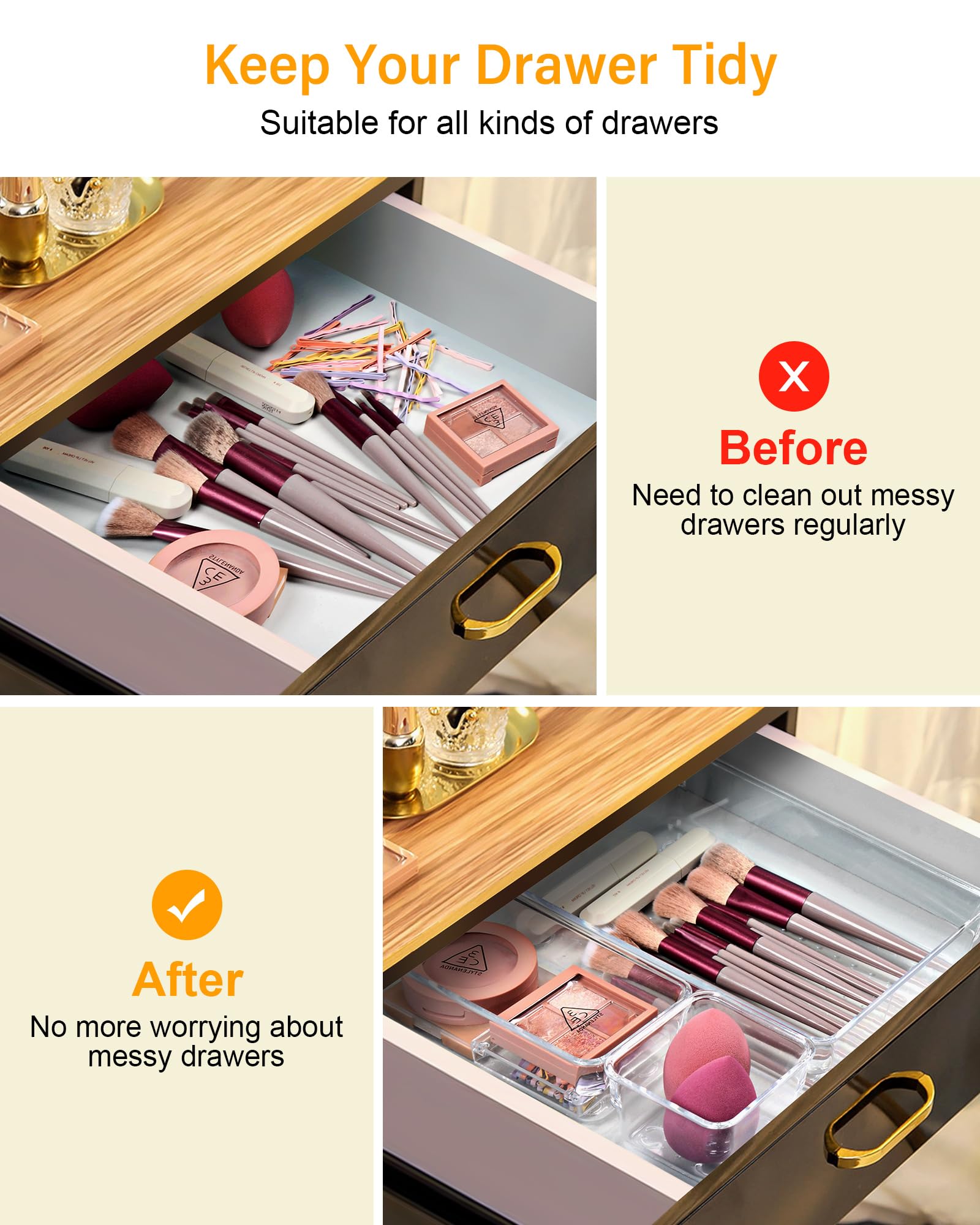 44-Piece Clear Plastic Drawer Organizer Set - 4-Size Stackable Storage Bins for Bathroom Vanity, Makeup, Kitchen Utensils & Office Supplies - Space-Saving Drawer Dividers for Home & Office Organization